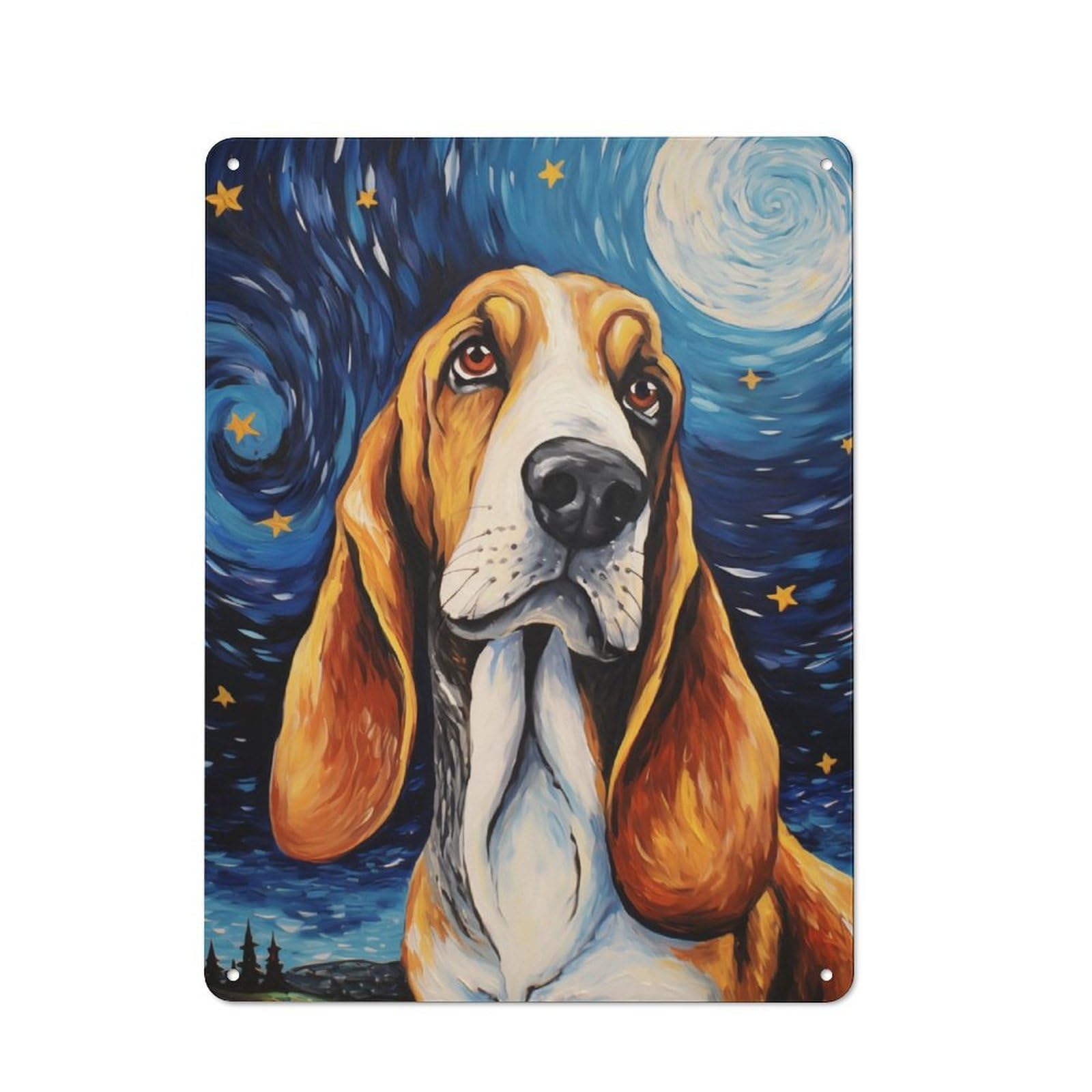 Junmoney Basset Hound Starry Night Vintage Metal Sign 40X30cm, Shop Front Style Cafe Wall Decor For Coffee Bar, Small Shop Or Dining Room