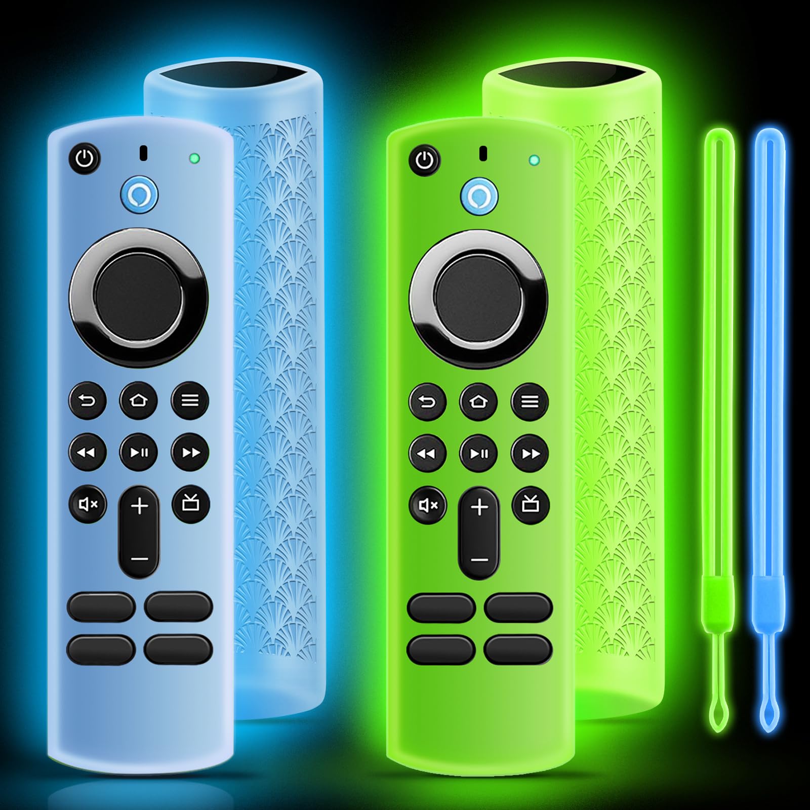 ONEBOM (2 Pack) Silicone TV Remote Cover,Anti Slip Silicone Protective Case with Same Color Lanyard（Glow Green&amp;Glow Blue）