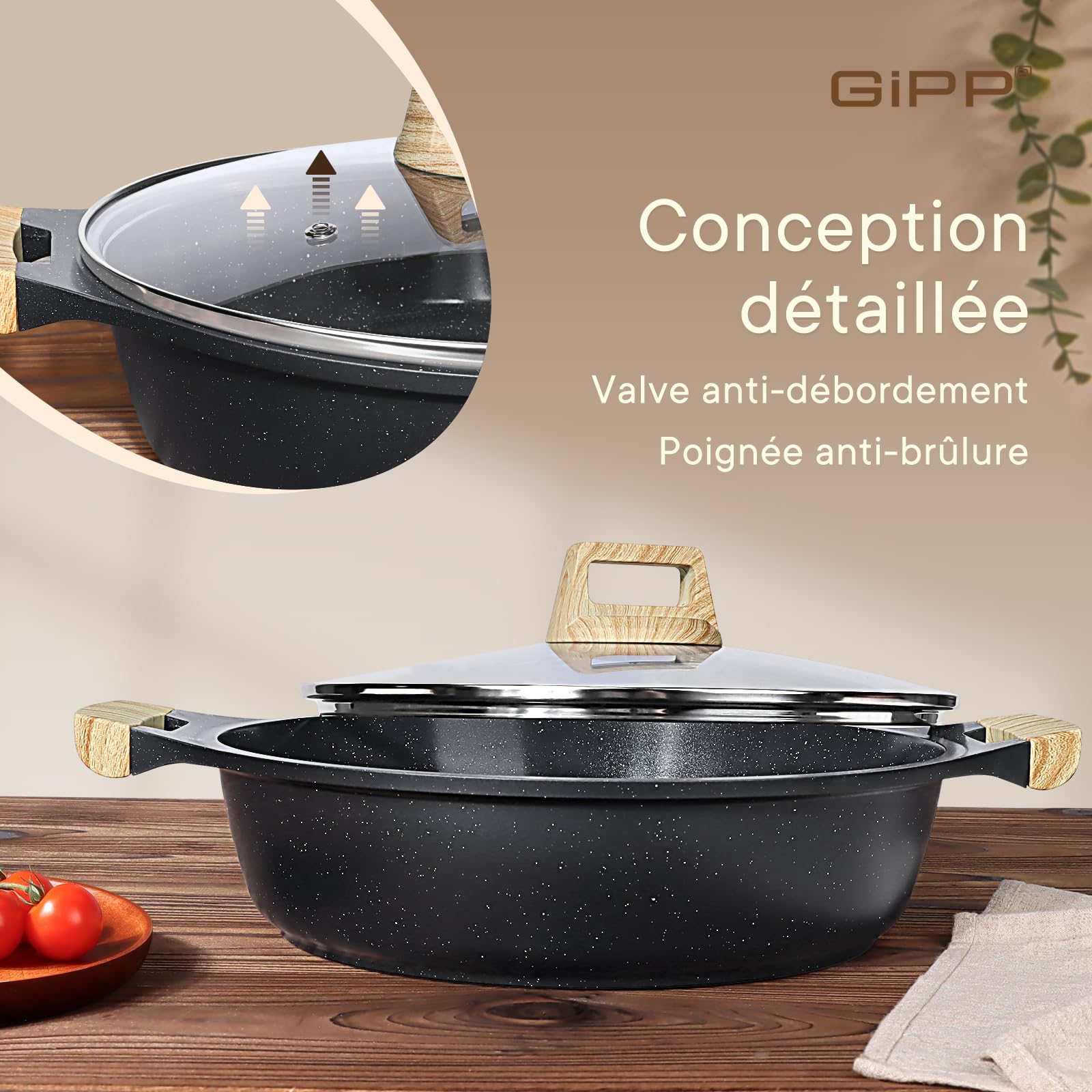 GiPP Faitout 28 cm, Casserole Tout Feux avec Couvercle Verre, Marmite Induction Antiadhésive, 3,8L Cocotte en Fonte D'aluminium, Hauteur 7,5 cm