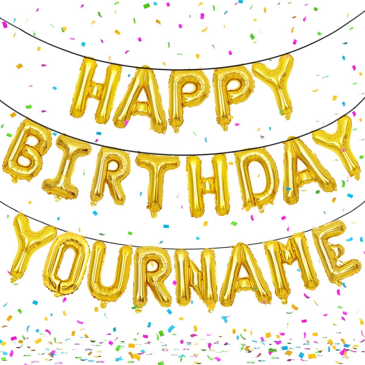 UnistylarHappy Birthday Balloons Banner, Personalized Name Happy Birthday Banner Sign Letters Balloons 16 Inch 2 Sets A- Z Mylar Foil Reusable Birthday Party Decorations for Kids Women Men, Gold