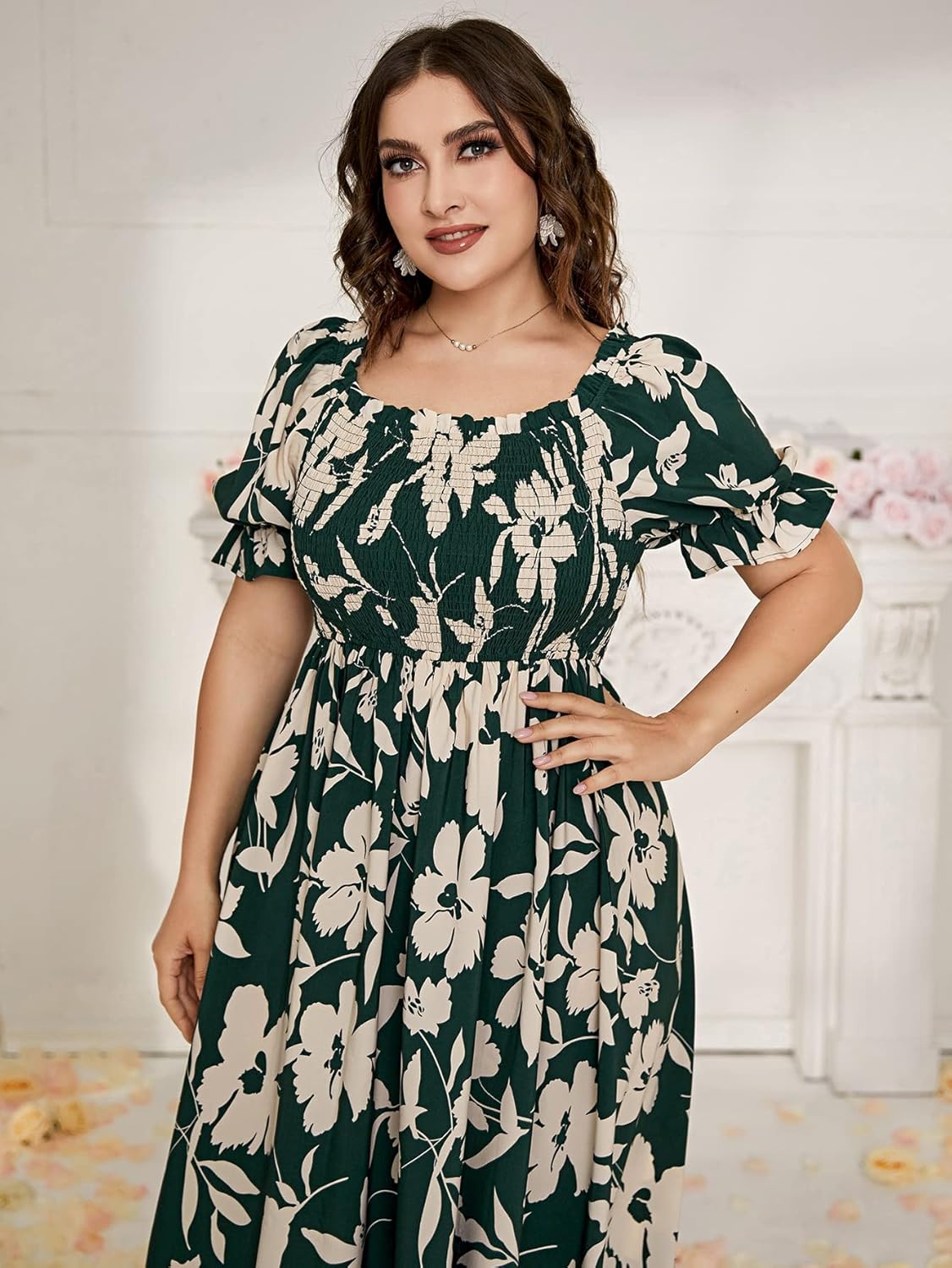MakeMeChic Women's Plus Size Summer Floral Maxi Dresses Curvy Short Sleeve Shirred Boho Beach Wedding Long Dress - Image 4