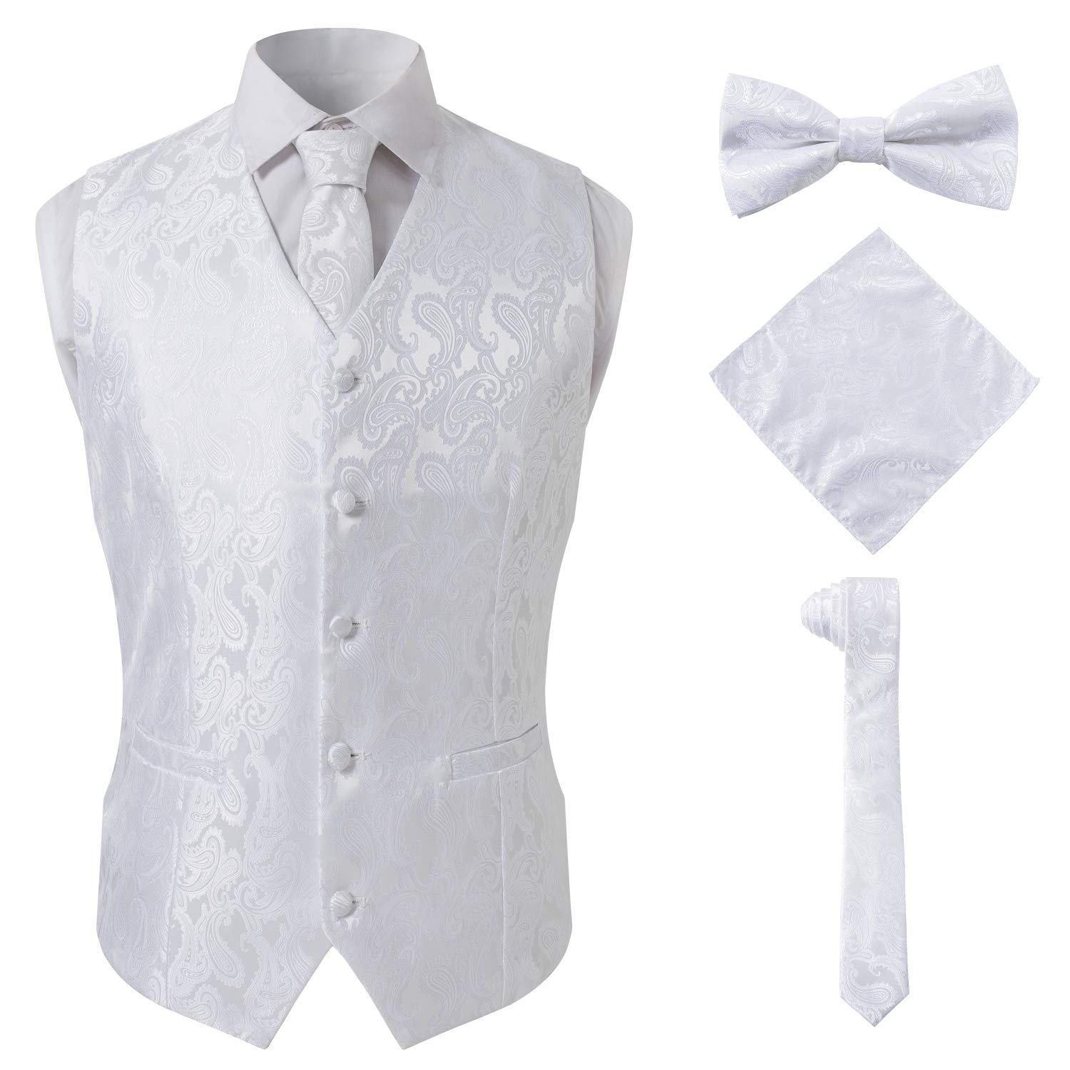 Paisley Party Dress Vest with Bow Tie Pocket Set for Suit Tuxedo,White,5XL
