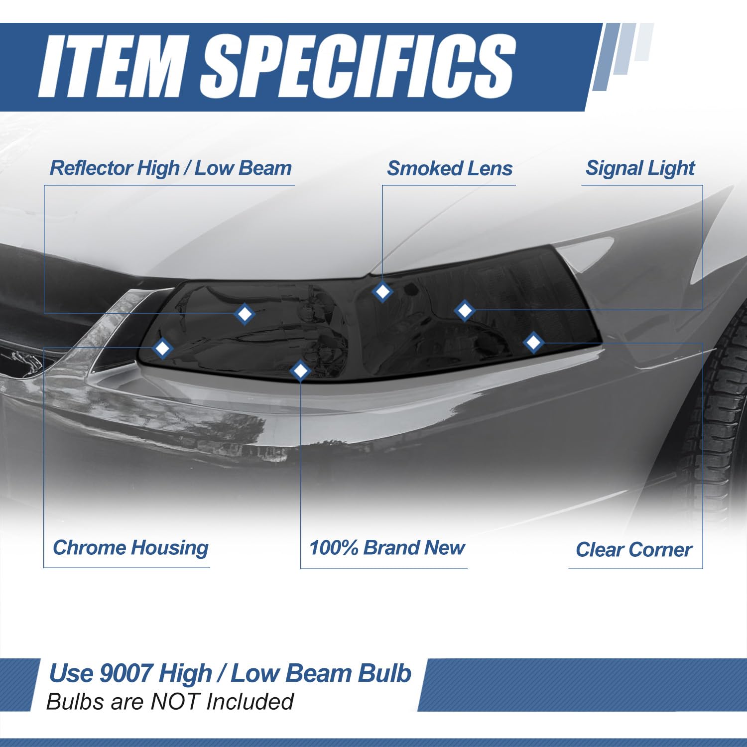 Auto Dynasty Headlights Assembly Compatible with 1999-2004 Ford Mustang New Edge 4th Gen, Driver and Passenger Side Halogen Headlamps Replacement, Smoked Lens Clear Corner