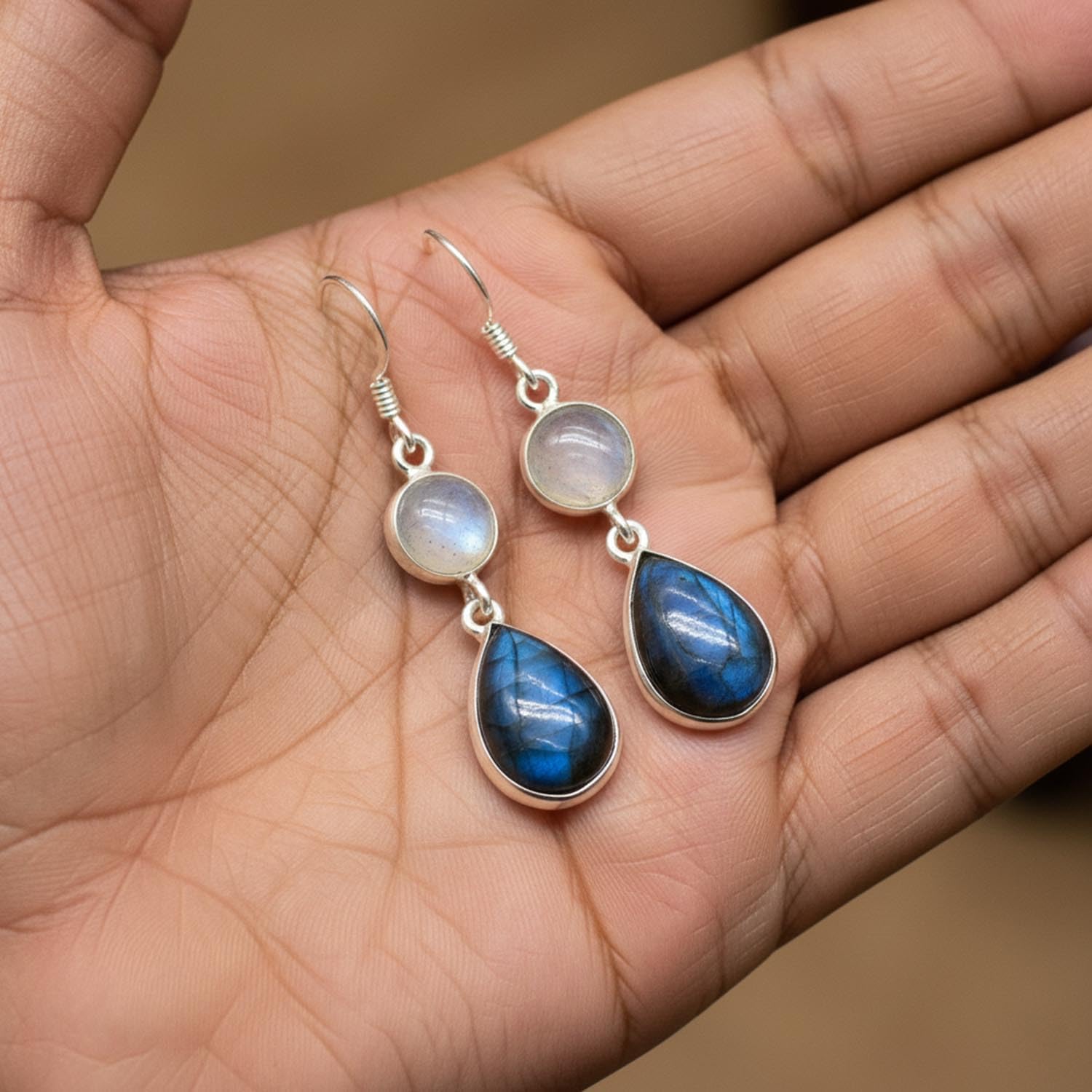 Natural Moonstone and Labradorite Drop Earrings, Sterling Silver, 1.6 Inch Length, 19.45 Carat, Blue and White Gemstones | Gift for Her