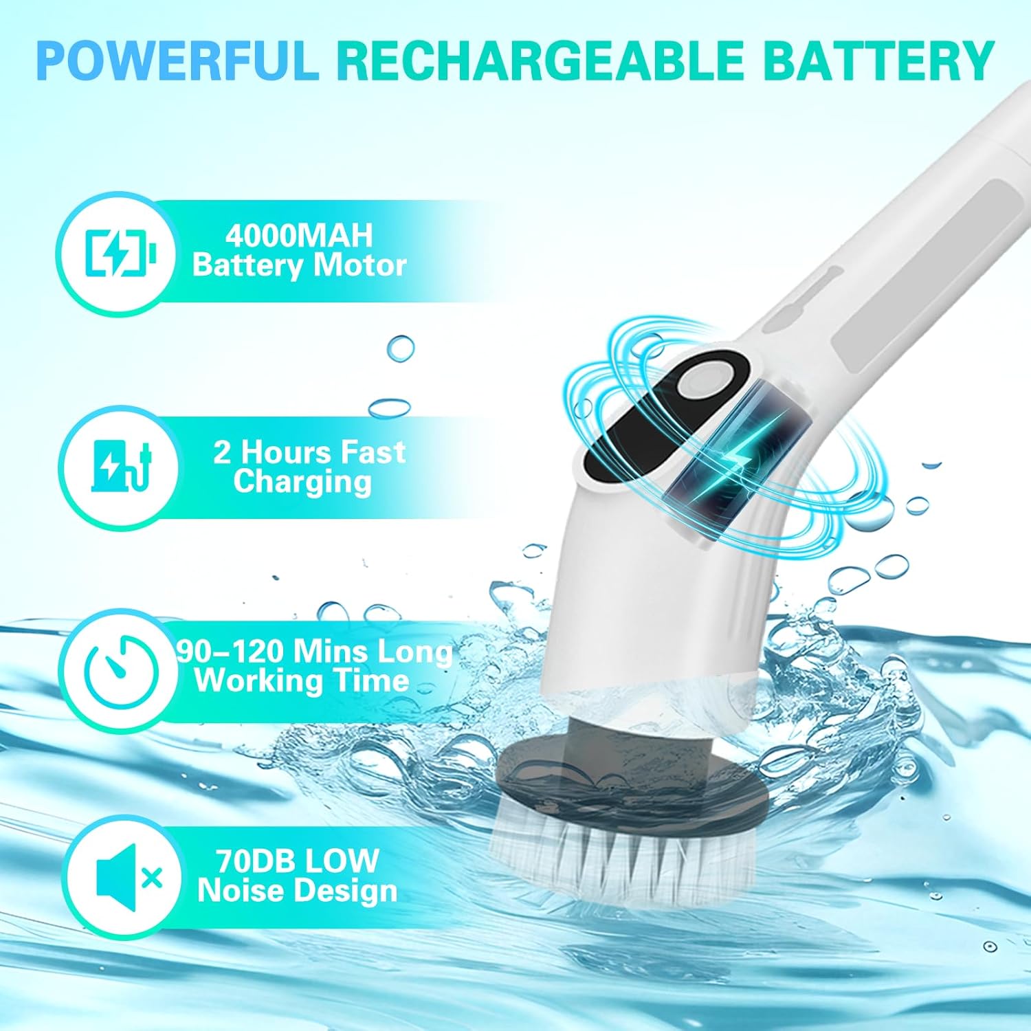 LICHIFIT 電動スピンスクラバー、防水コードレスシャワークリーニングブラシ 交換可能なブラシヘッドと調節可能な延長ハンドル付き