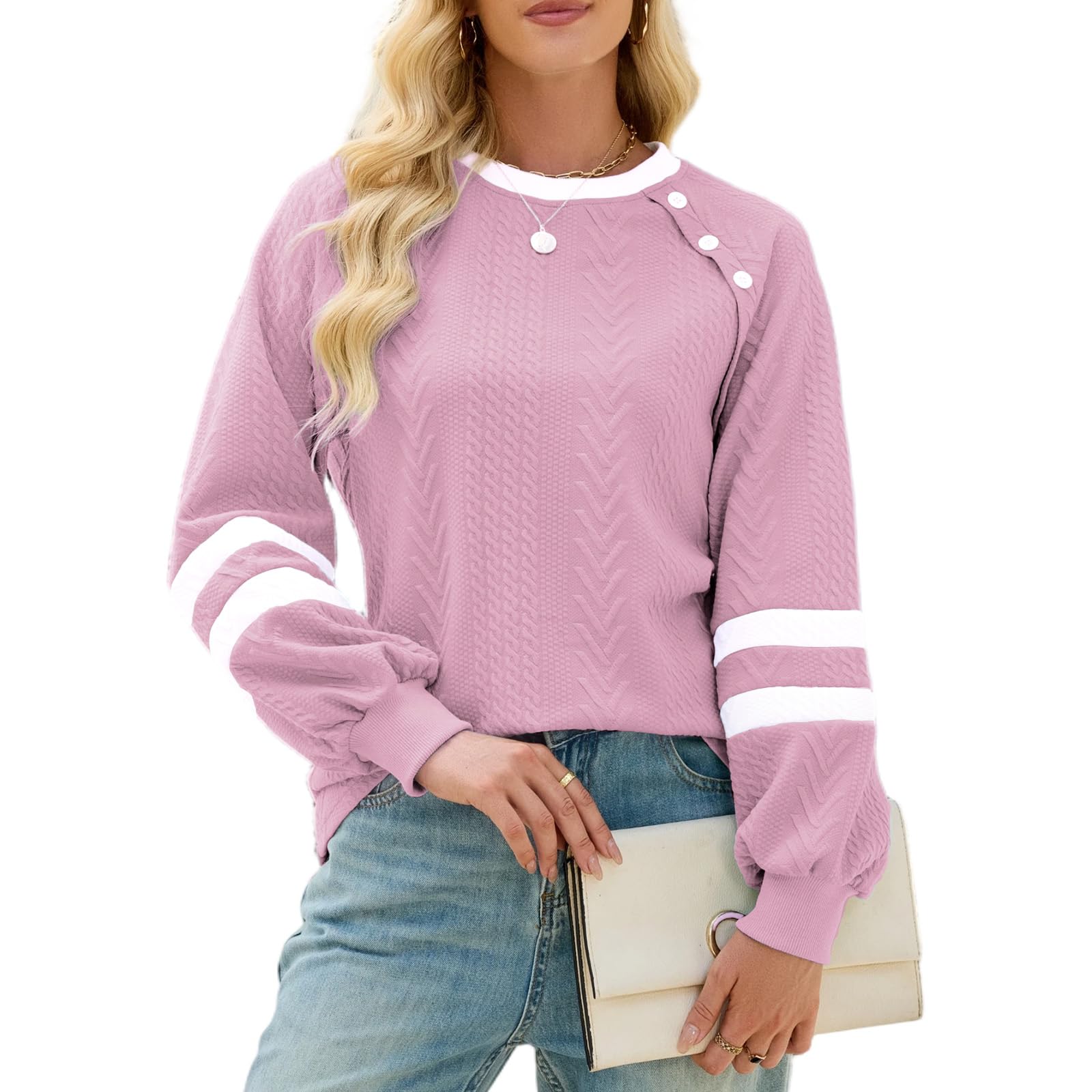 Sweatshirt Damen Langarm Oberteile Elegant Rundhals Shirt Basic Tunika Farbblock Freizeit Tshirt