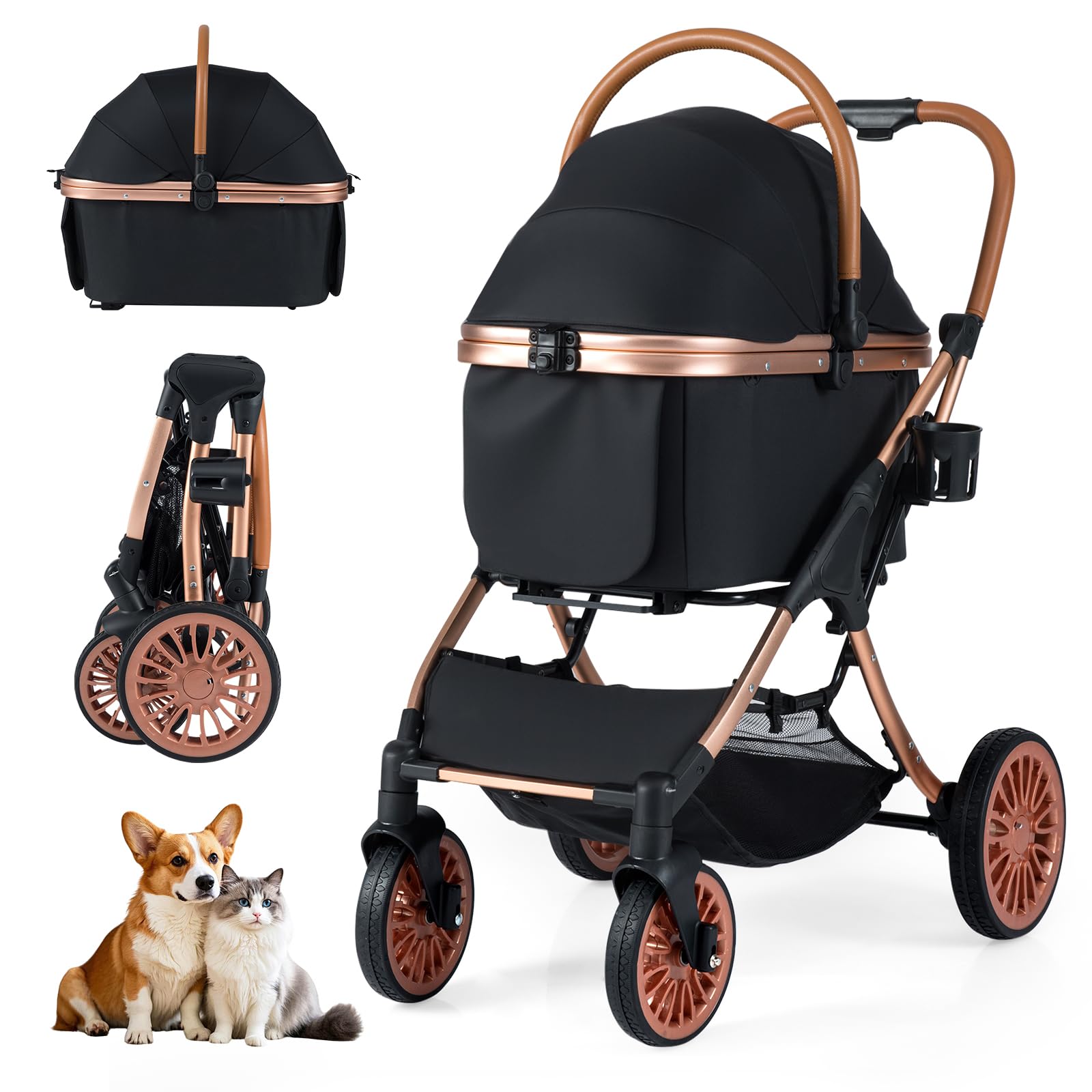 COSTWAY Passeggino Pieghevole per Cani 3 in 1, Carrozzino per Animali con Portapacchi Rimovibile, Tettuccio, Cuscino Rimovibile, Cintura di Sicurezza, Cestino e Portabicchiere, Portata 25 kg