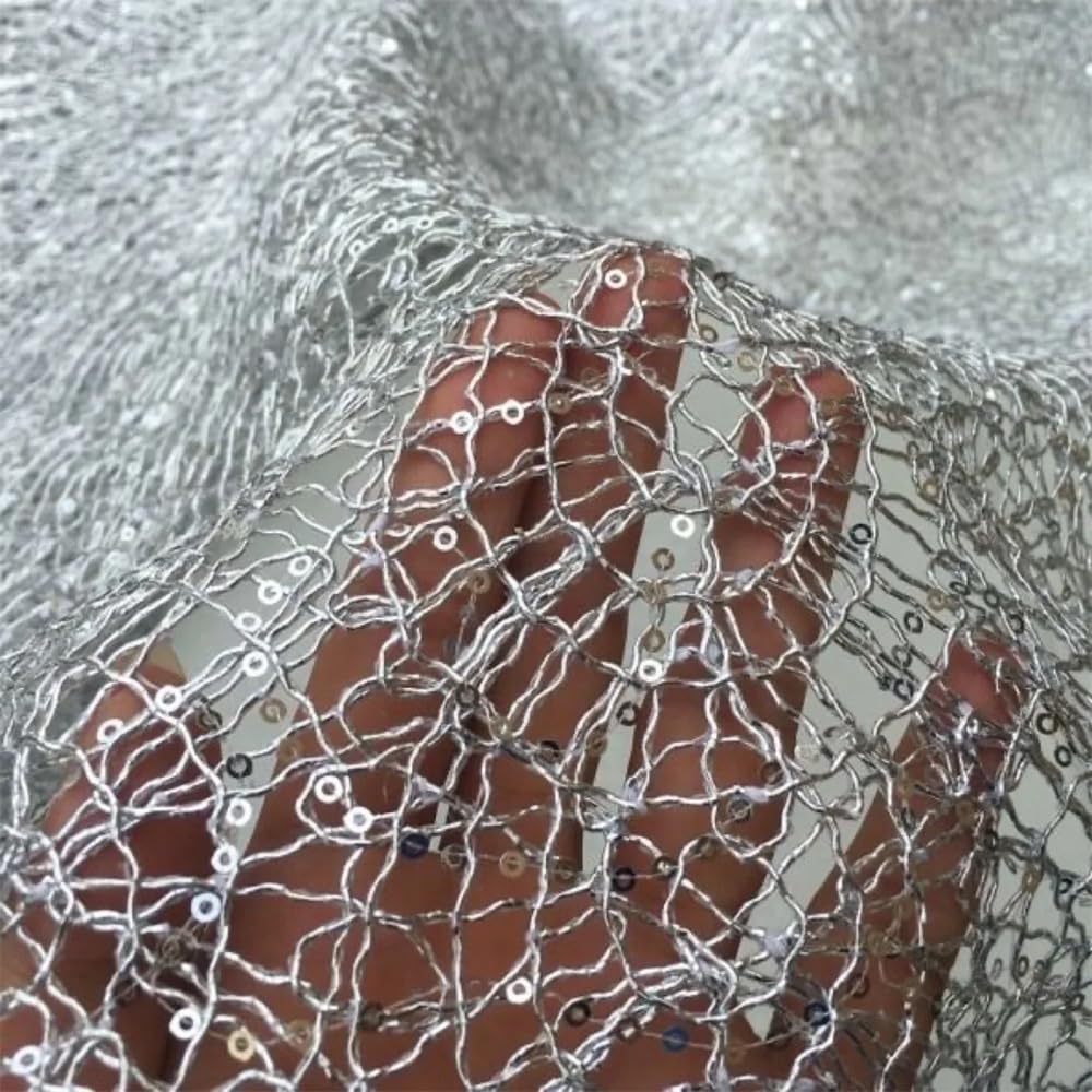 Tul de poliéster de primera calidad, Tela hueca de lentejuelas doradas, plateadas y negras, estilo DIY, abrigo for espectáculo, vestido, 1 yarda(No.2)
