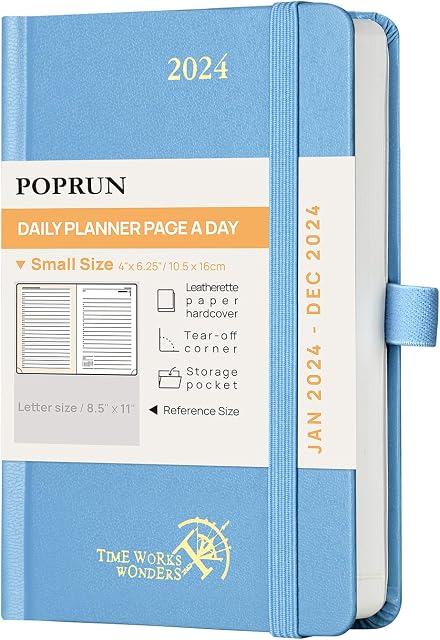 POPRUN 2024 Pocket Diary A6 Day To Page Hardback Small Appointment Diary, 24 Daily Planner Page A Day, Hourly Time Slot, Inner Pocket, FSC® Paper - Haze Blue
