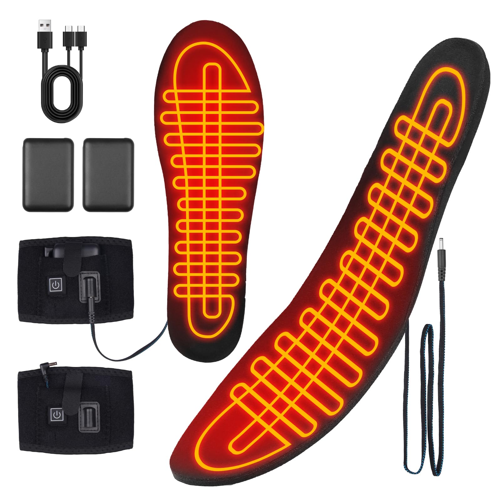 Semelle Chauffante Rechargeable avec Batterie Externe pour Hommes Femmes, 3 Niveaux de Température 40-65°C Chauffe Pied pour Ski Randonnée Chasse Pêche Camping, Lavable Découpable Taille: 42-47