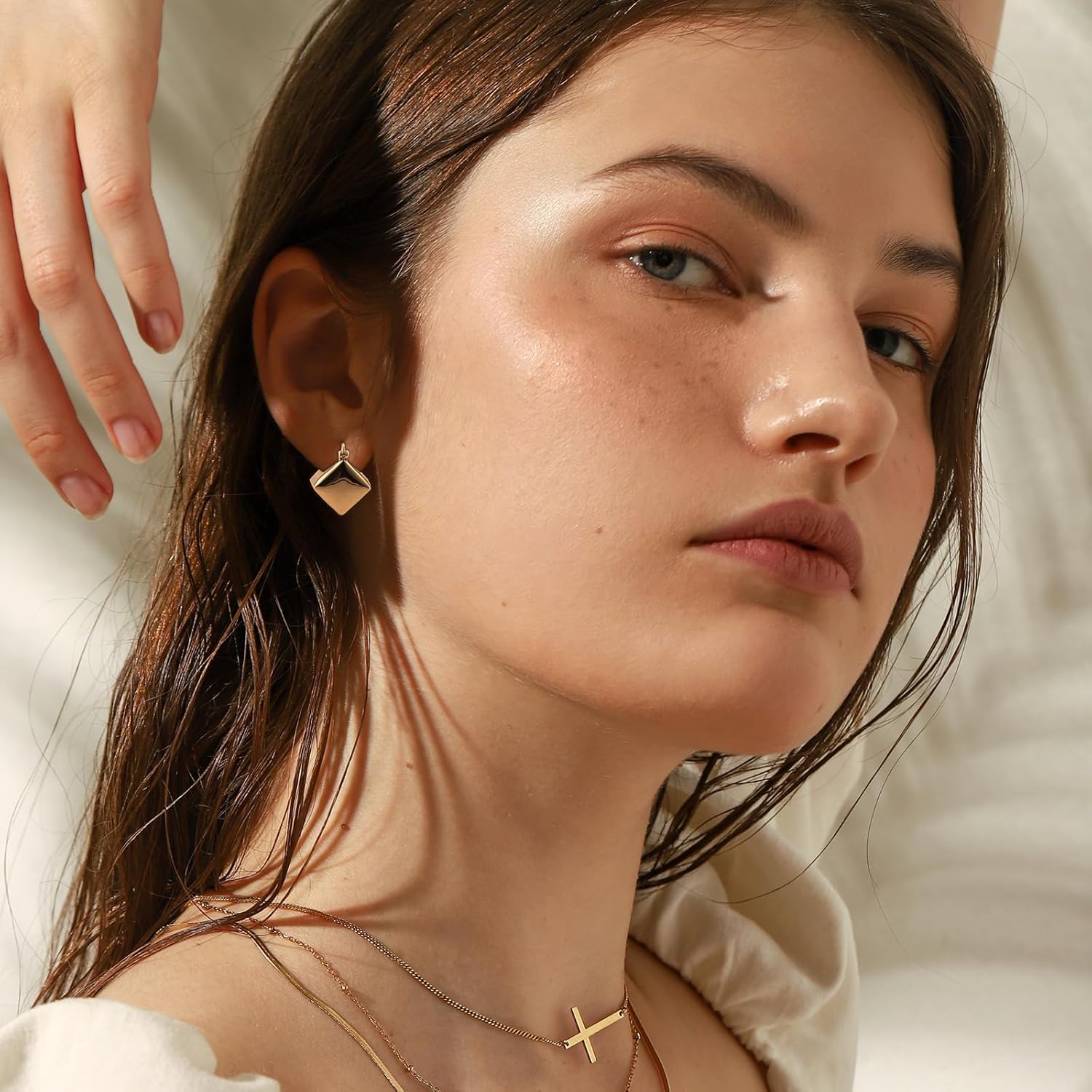 Brushed Finish Square Earrings 14K Gold Plated Brushed Geometric Copper Drop Dangle Earrings For Women - Image 4