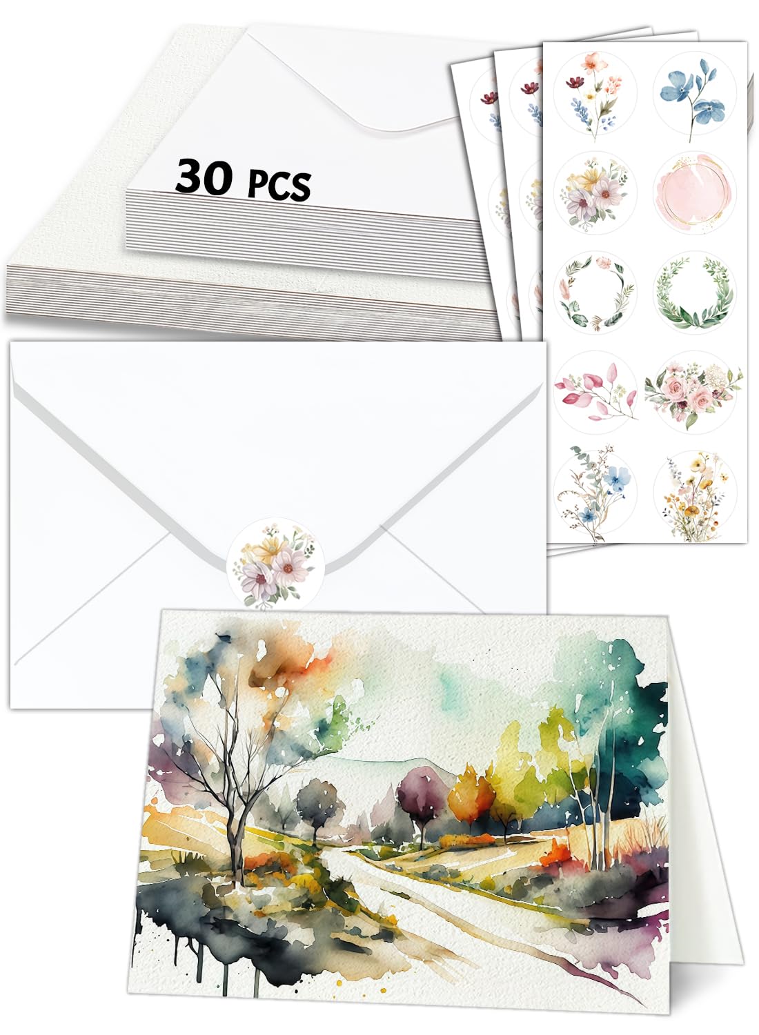 30 Sets Watercolour Paper with Envelopes, 40lb/300GSM Watercolour Cards 4 x 6 Foldable Postcards Blank Watercolor Sketchbook Paint Paper for Greeting Cards, Birthday, Wedding Invitations