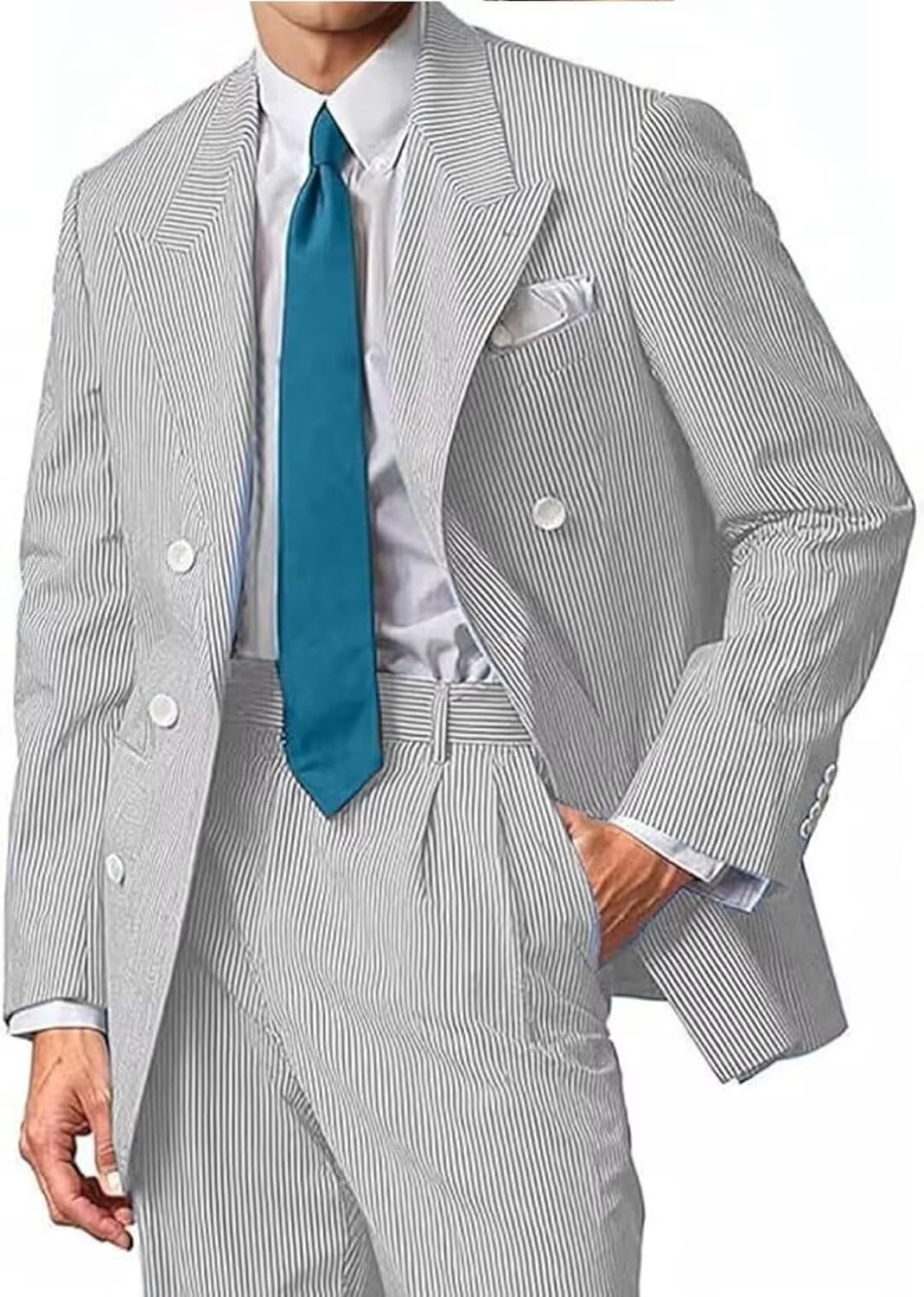 Seersucker Mens Suit Summer 2 Piece Tuxedo Double Breasted Buckle Striped Tuxedos Set for Men Suits Wedding Beach Party