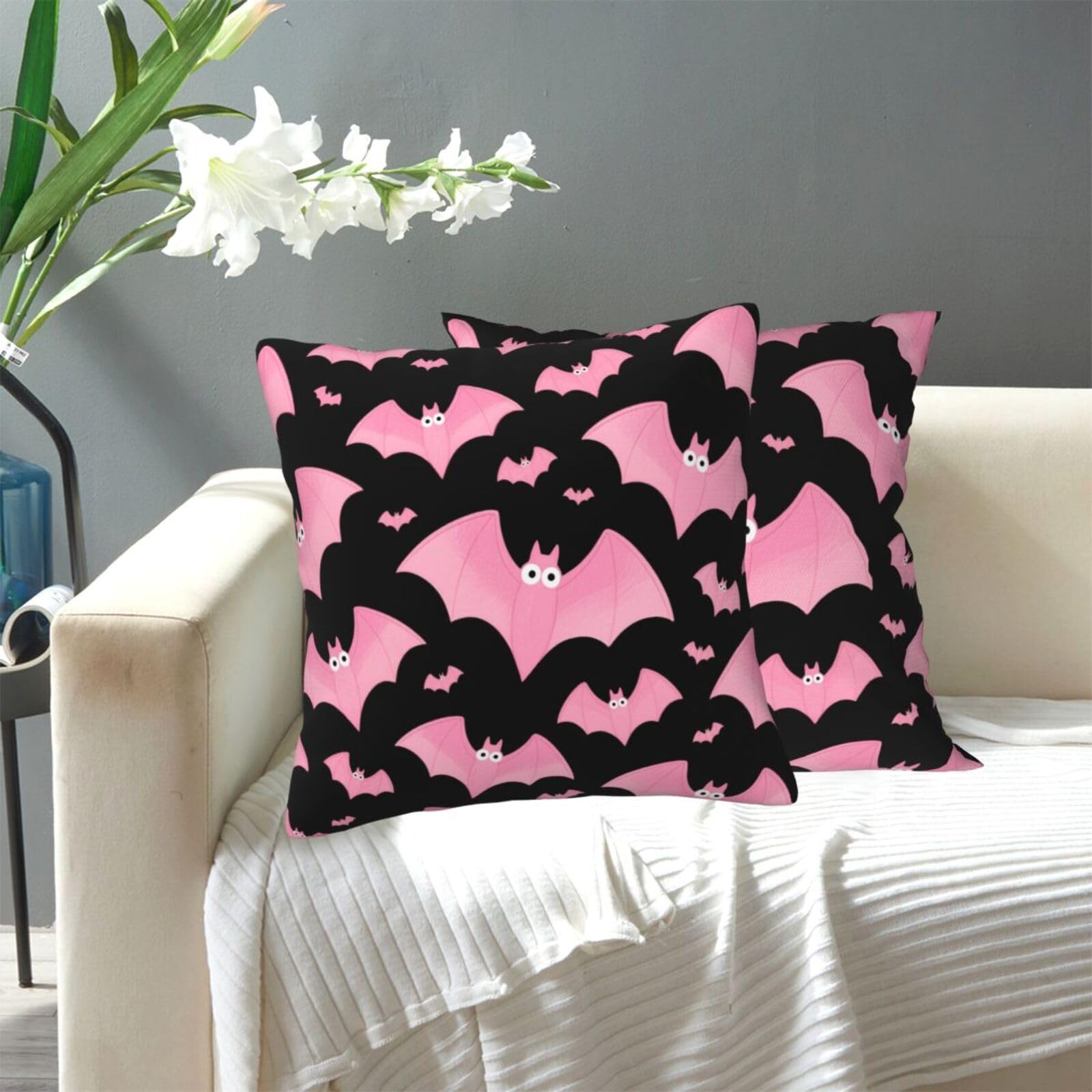 FekiLoot Decorative Throw Pillow Covers Modern Farmhouse Pillowcase Double Sided Cozy Cushion Cover for Sofa Couch Bed 20"X20" Halloween Black Bats Pink