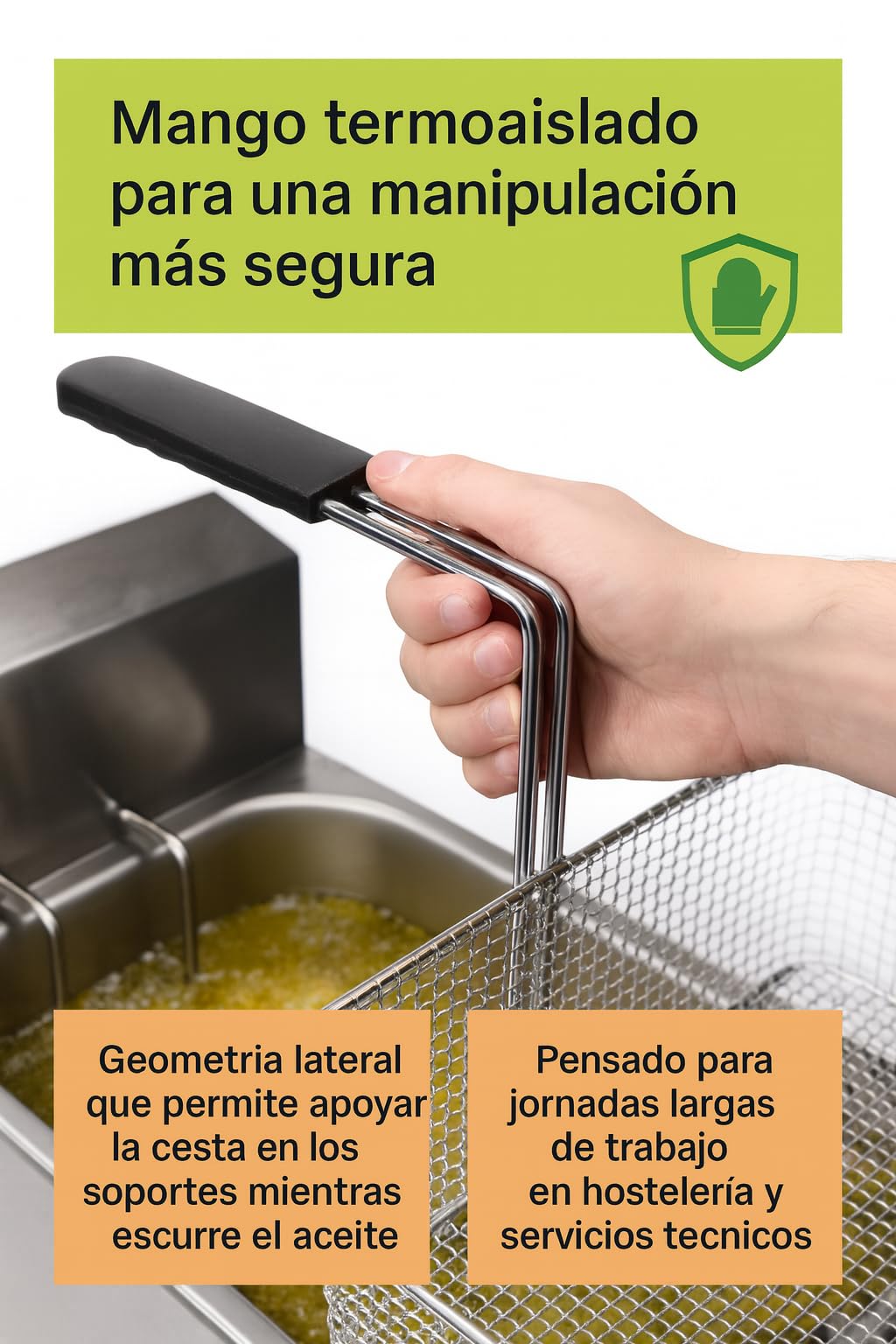 CubetasGastronorm ® Cesta Freidora 320x255x120 Mm Acero Cromado Mango Termoaislado Recambio Industrial compatible con Olis Baron Bartscher Metos Freidoras Gas Coccion Hosteleria Reparacion Hogar