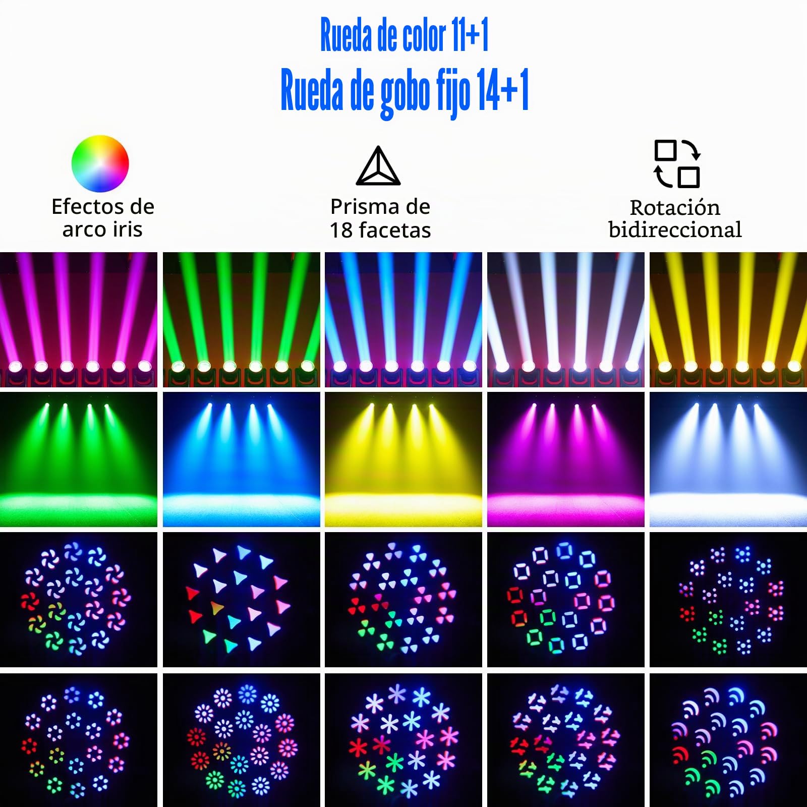 2 unidades 200W Cabeza Móvil LED Luces DJ Zoom, 18 prismas iluminación de escenario, DMX-512 estroboscópico activado por sonido, iluminación de disco DJ para fiesta, boda, Halloween, Navidad