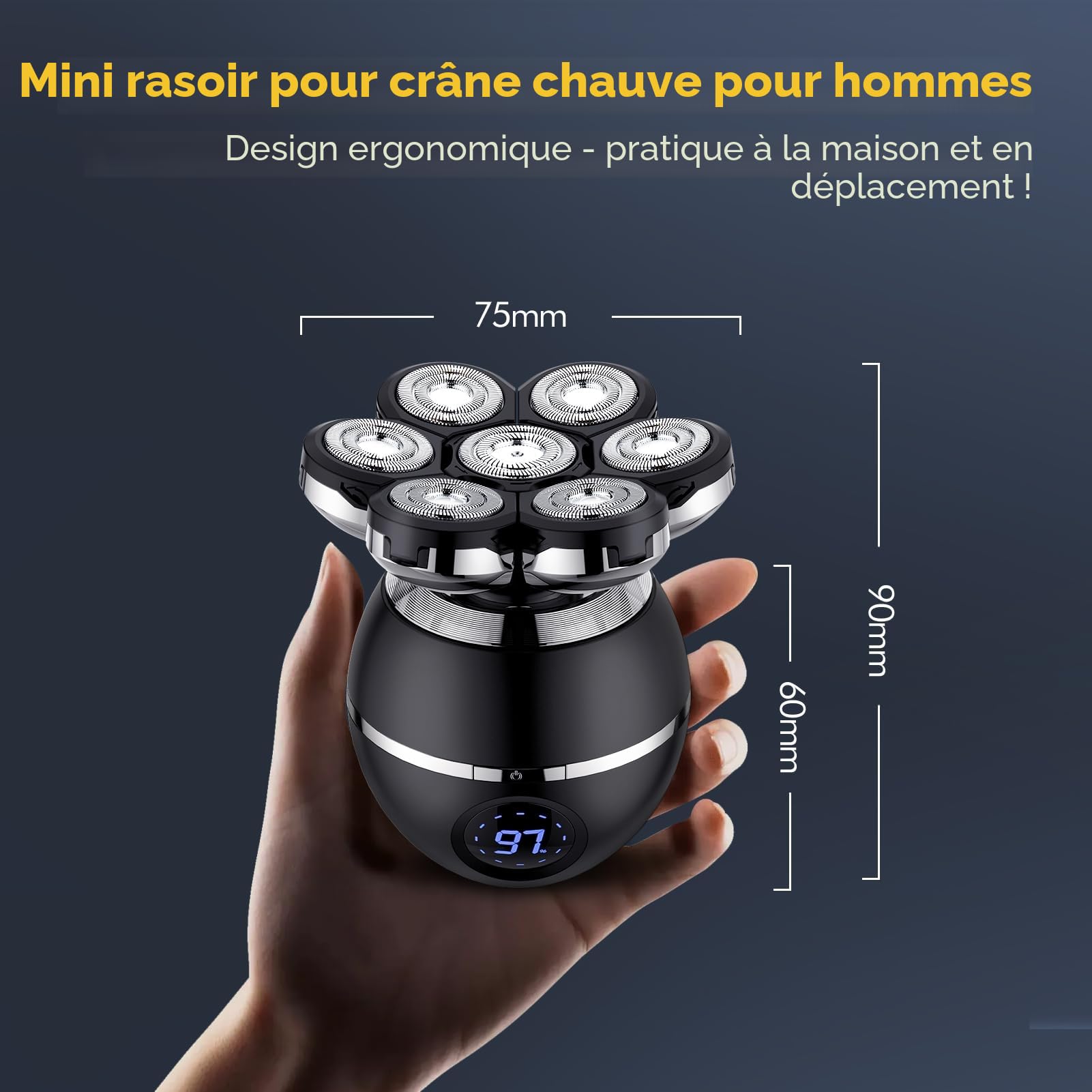 ETENTOUS Rasoir Tete Chauve Homme, 7D Rasoir Électrique Homme- 6 en 1 Tondeuse Crane Chauve- Humide/Sec Étanche IPX7 pour Hommes Chauves avec Écran LED.