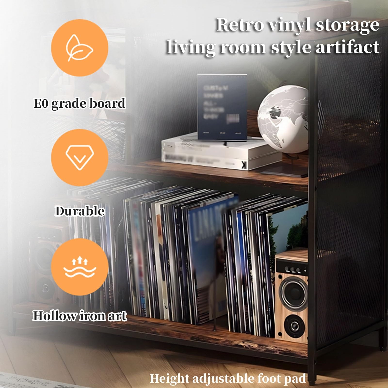 FORRTY Grande Libreria for Vinili A 3 Livelli, Conserva Fino A 300 LP, Supporto Giradischi in Metallo E Legno, Stile Industriale, Mobile Porta Vinile E CD for Soggiorno/Ufficio/Camera