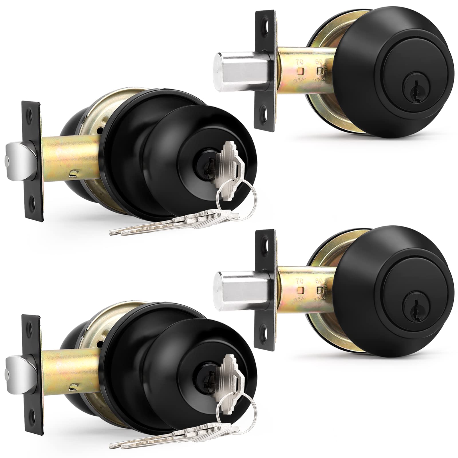 Probrico Black Keyed Alike Entry Knobs Front Door Locks Exterior Lockset and Single Cylinder Deadbolt Combination Set, 2 Pack