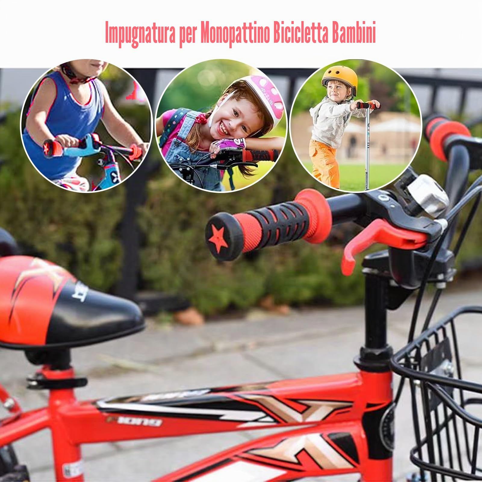Coppia di manopole bici bambino, manopole bici bambini,Manopole Manubrio in Gomma Morbida 95mm,Diametro 22mm,Sicurezza con Protezione Antiurto per Biciclette,Tricicli, Scooter
