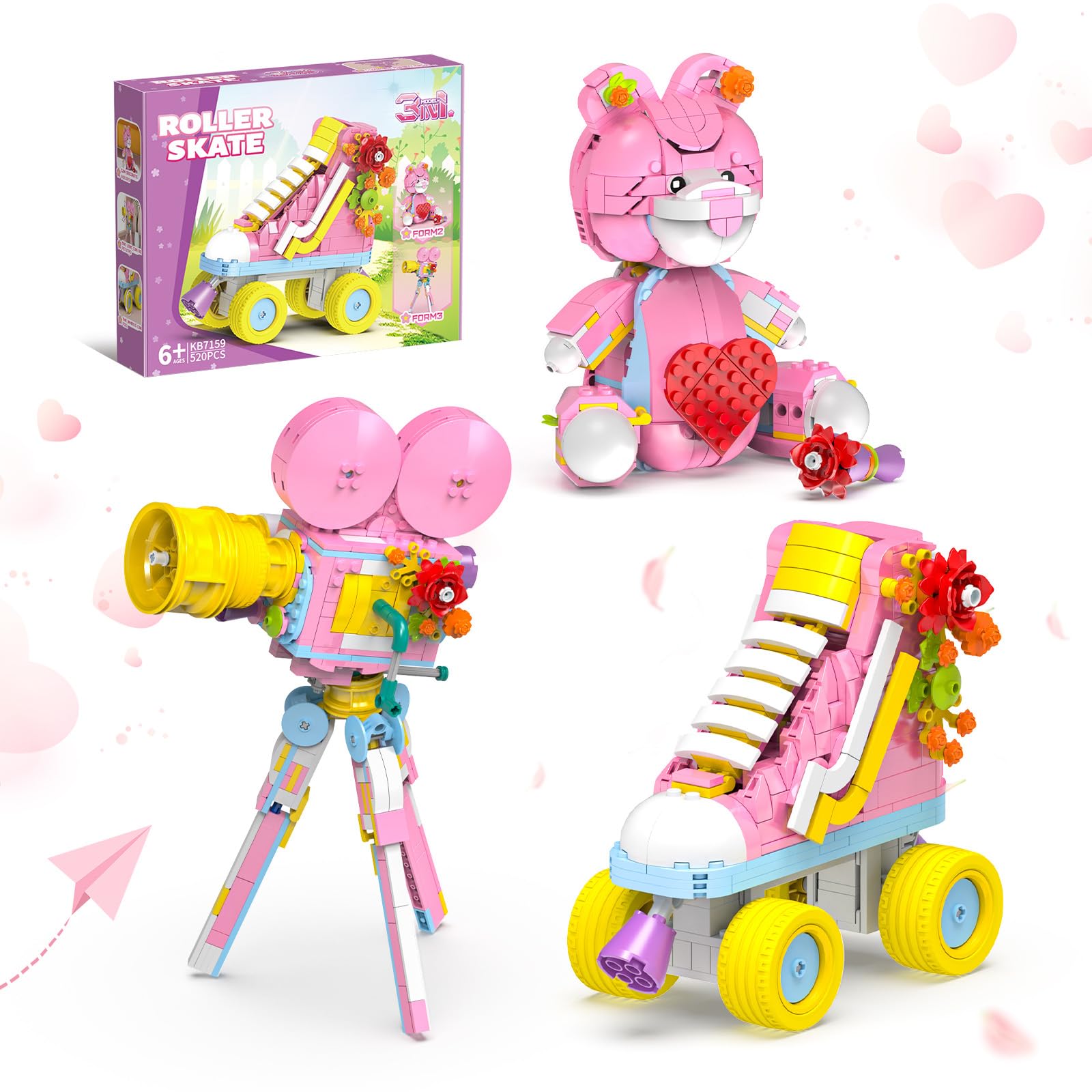 TOY PLAYER 3-in-1 Creator Building Set, 520Pcs Compatible with Lego, Roller Skate, Heart Bear with Rose and Movie Projector