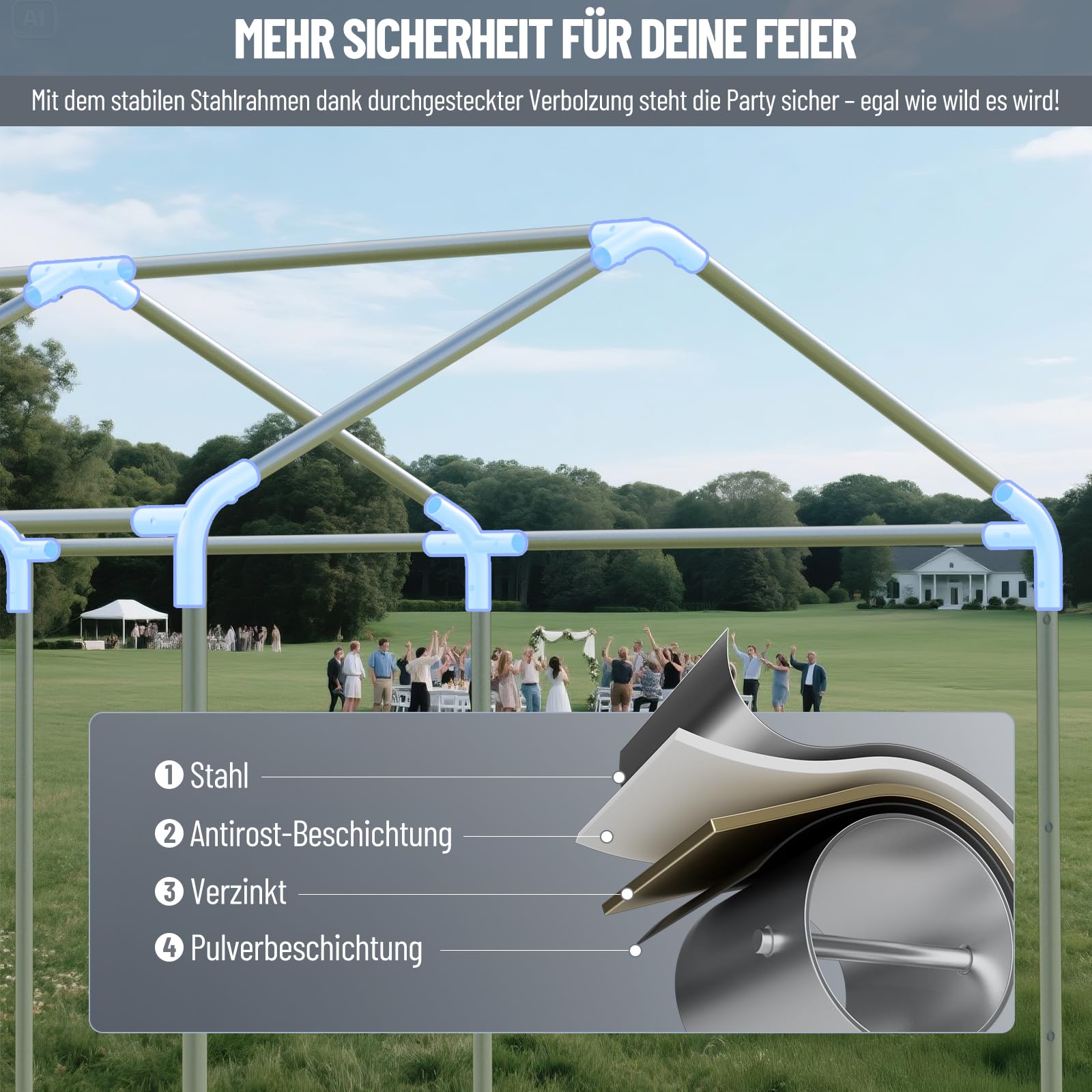 Pavillon 4x6m mit 2 Seitenwänden & 2 Giebelteilen, Dein Outdoor-Party-Spot zum Chillen, XXL Partyzelt mit Verbolzung Konstruktion, Windschutz UV-Schutz Wasserdicht, aus Stahl & PE-Plane (Grau)
