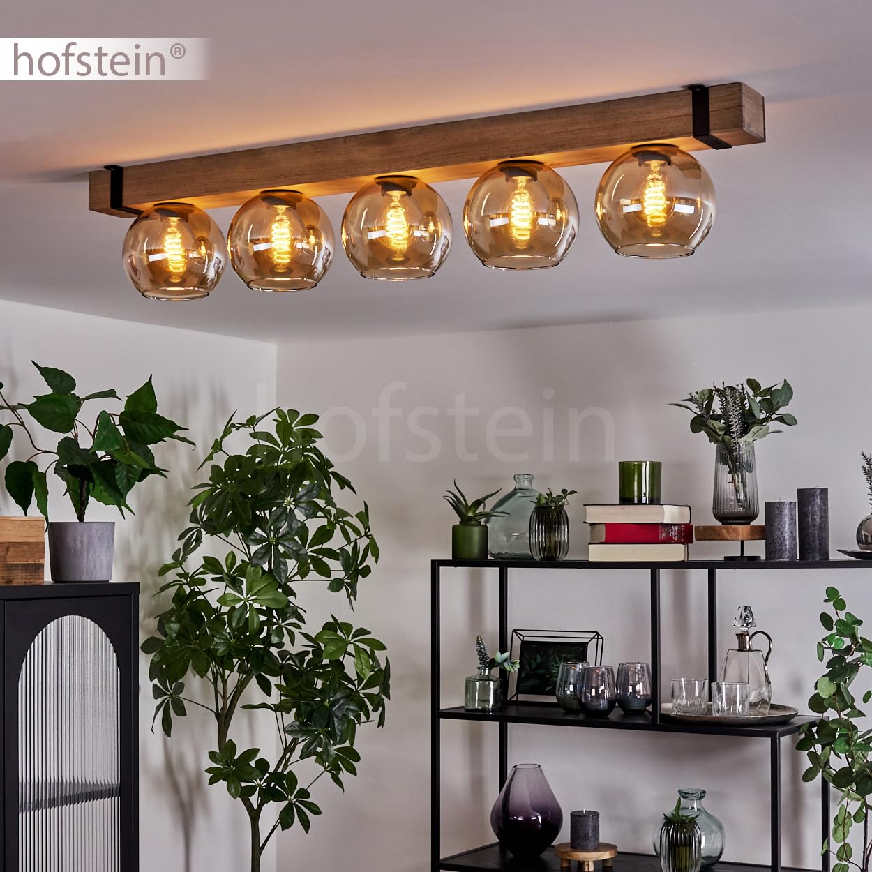 Lampa sufitowa Montgomery, lampa sufitowa z metalu/drewna/szkła w kolorze czarnym/naturalnym/bursztynowym, skandynawski design z drewnianymi belkami (100 cm) i szklanymi kulkami (Ø 15 cm), 5 x oprawka