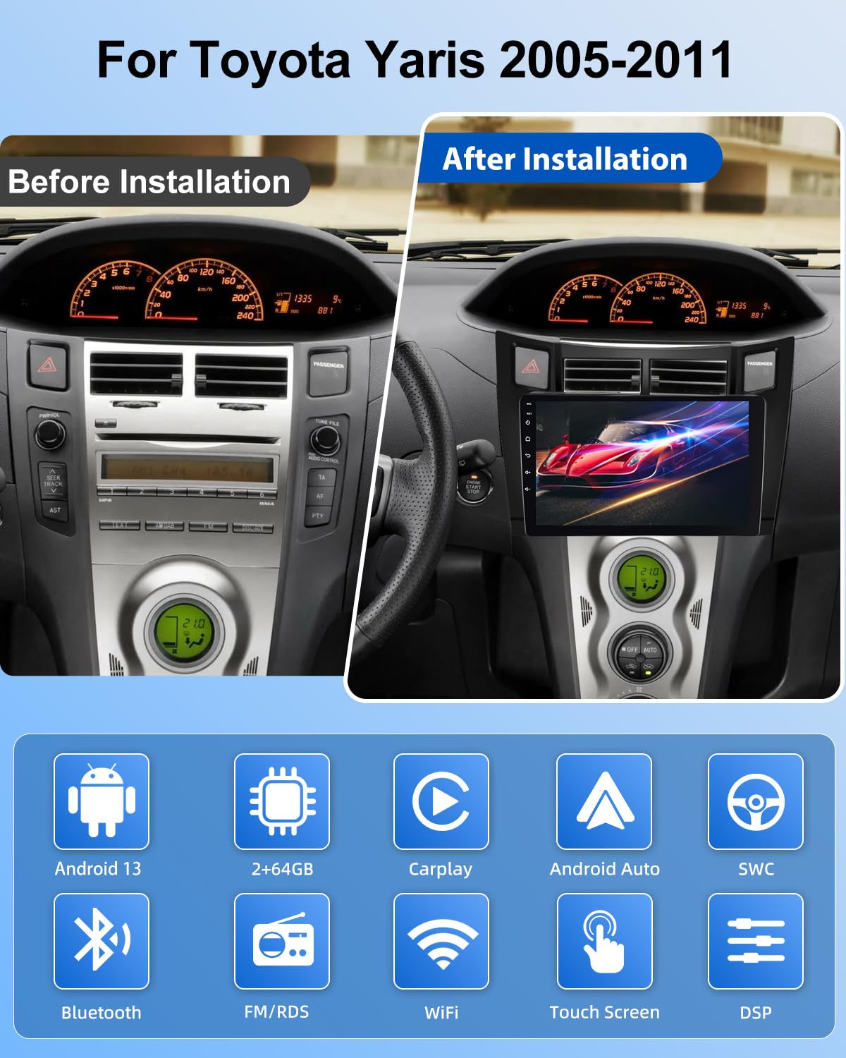 NHOPEEW 2G+64G Android Autoradio per Toyota Yaris 2005-2011 - Senza fili Carplay e Android Auto - 9 pollici Stereo con WiFi GPS FM RDS + Telecamera posteriore&Mic