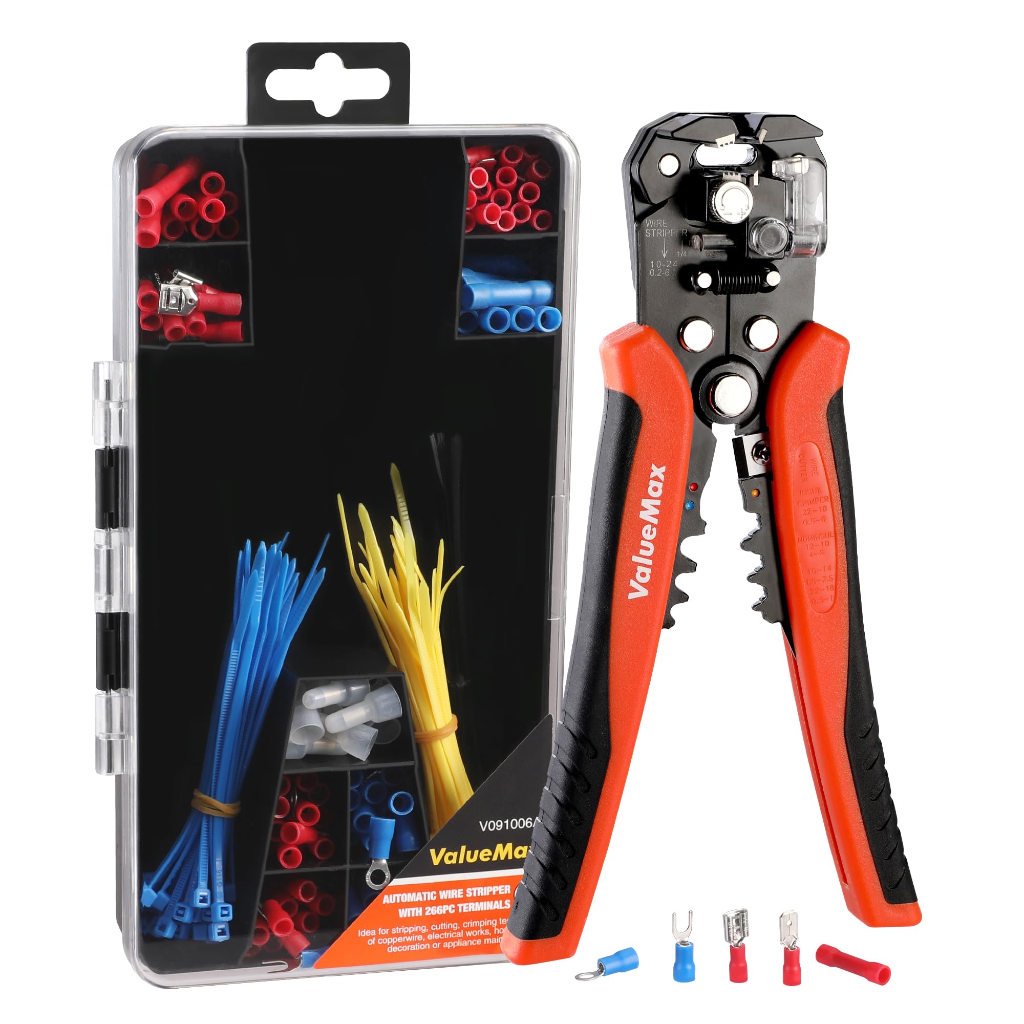 ValueMax 266PCS Wire Stripper Tool Kit, Self-adjusting 8" Automatic Wire Stripping Tool for AWG 10-24, 3-in-1 Automatic Wire Stripper/Cutter/Crimper, Universal Wire strippers for Electrical Work