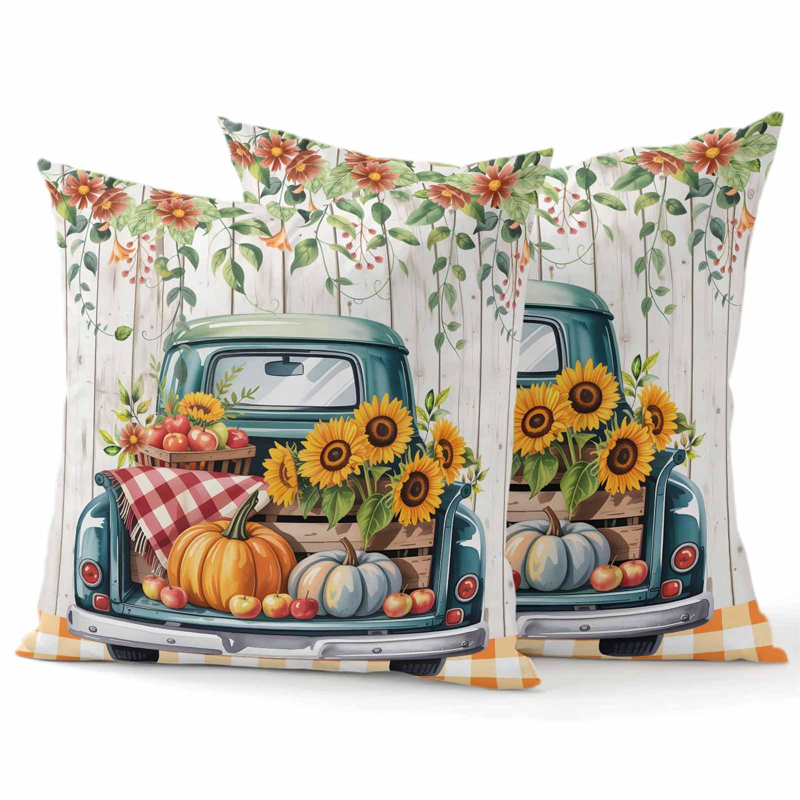 Fall Thanksgiving Throw Pillow Covers 18x18 Set of 2 Sunflower Pumpkin Truck Floral Holiday Pillows Decorative Throw Cushion Case for Sofa Couch Bedroom Rustic Wood