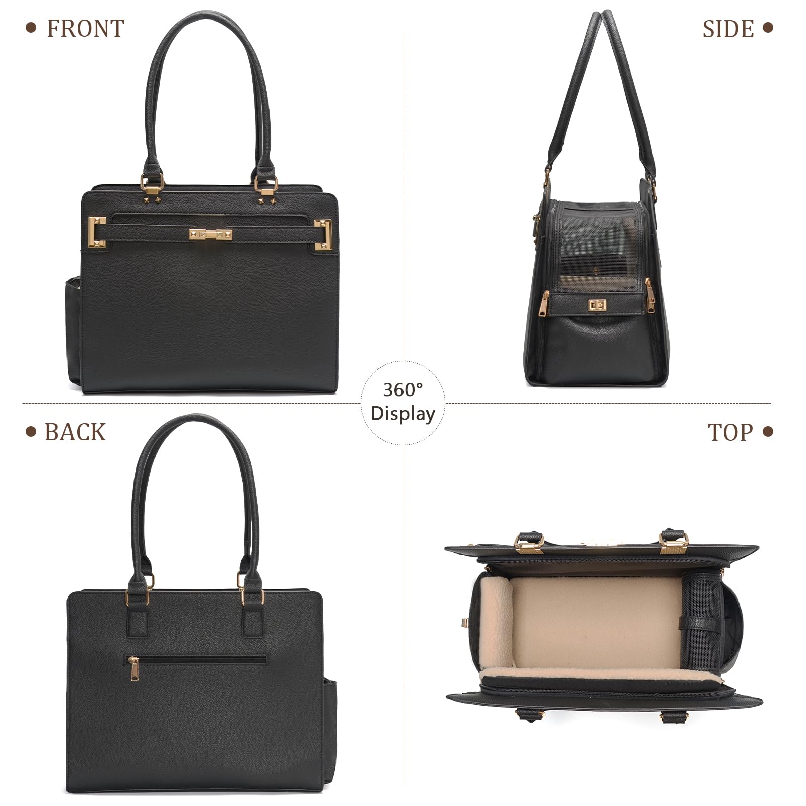 2-in-1 stilvolle Hunde-Geldbörse, weiche Seiten, Reisetasche, Tragetasche für kleine Hunde und Katzen, modische faltbare Haustiertasche für Welpen, kleine Tiere mit Taschen (schwarz, 38,1 cm L x 19,1
