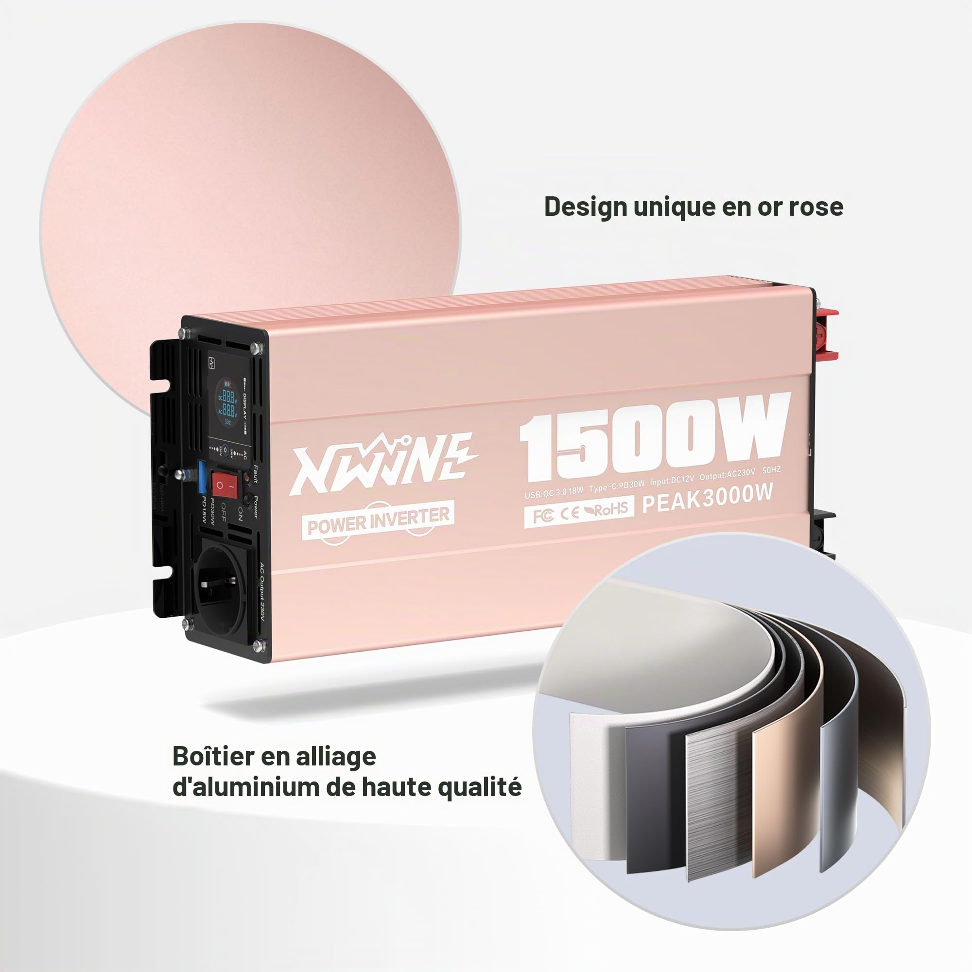 XWJNE Convertisseur de Tension Pur Sinus 1500W 12V à 220V, Onduleur pour Camping-Car, Camion, Bateau, Convertisseur de Tension avec Prise Secteur, Sorties USB-A et USB-C, Écran LCD, Télécommande