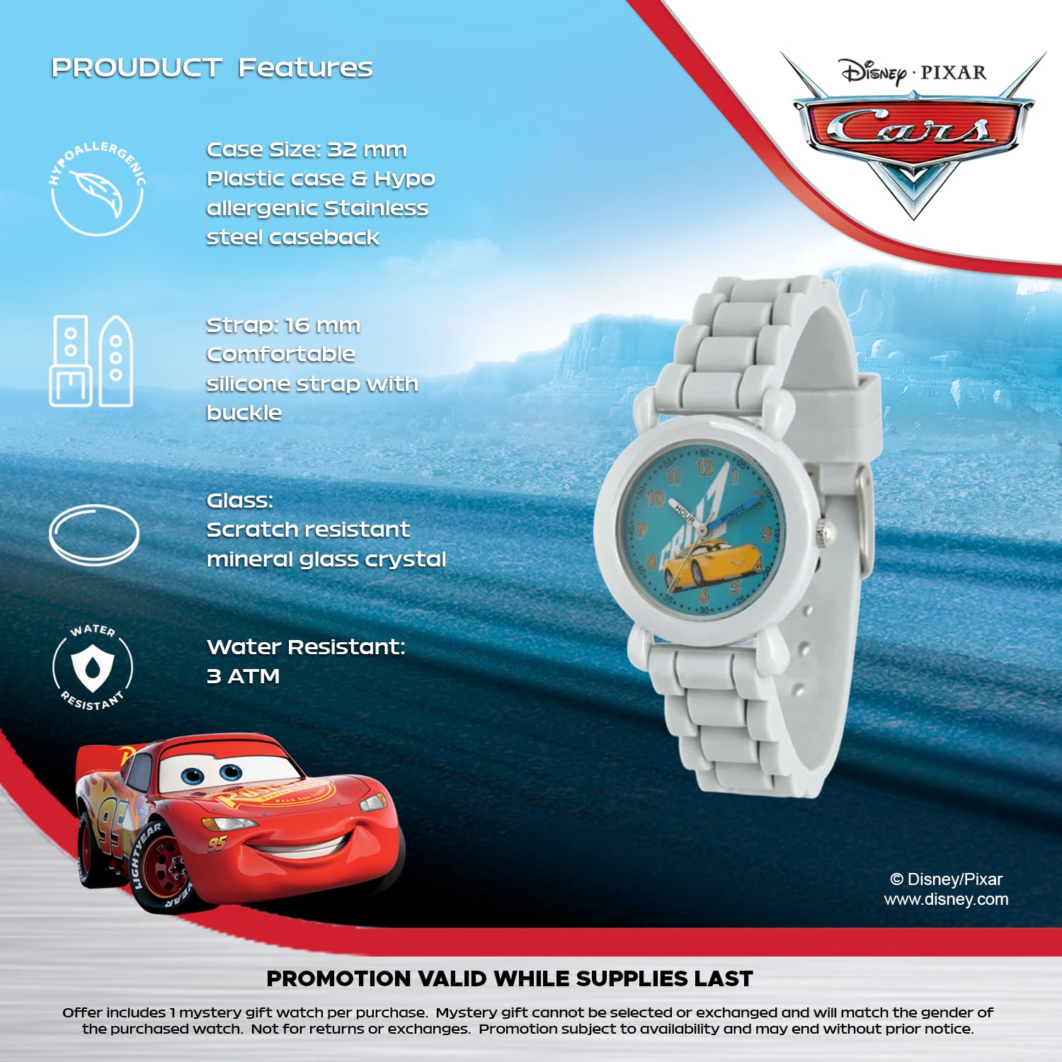 Disney Pixar Cars Orologio per bambini dai 3 ai 7 anni con quadrante luminoso con personaggi - ottimo regalo per bambini - quadrante di facile lettura, lunetta grigia e cinturino in silicone grigio