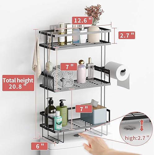 Miniatura 2 de Godboat Organizador de baño, almacenamiento de baño de 3 niveles, almacenamiento mejorado sobre el inodoro, estantes de baño con 2 ganchos, estantes