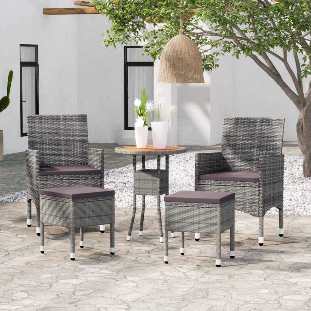 Salon de jardin 5 pièces en polyrotin gris avec table de terrasse extérieure en bois d'acacia