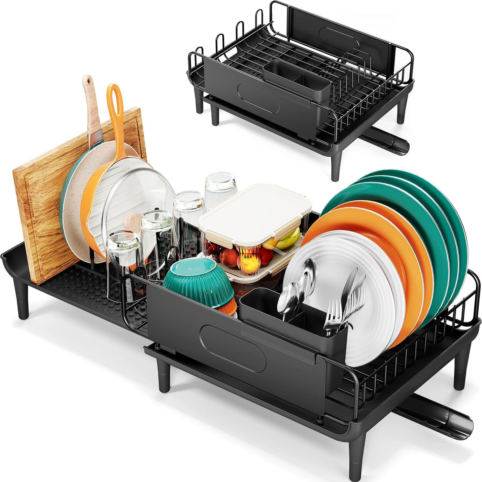 Urackify Escurridor de platos, de acero inoxidable, expandible (14.5 a 25.3 pulgadas) y escurridor de platos con estante plegable, soporte para utensilios para encimera, 1 pieza color negro