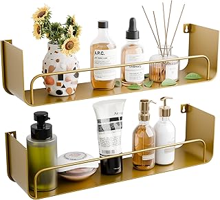 16 Inch Gold Floating Shelves Set of 2, Narrow Iron Bathroom Shelves wit...