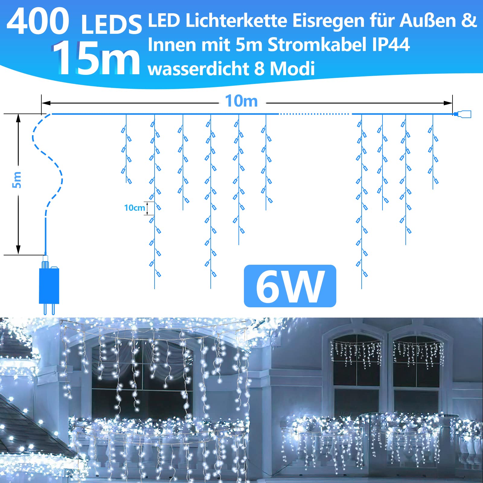 EisRegen łańcuch świetlny na zewnątrz, 400 diod LED, 10 m, oświetlenie bożonarodzeniowe na zewnątrz z 8 trybami oświetlenia, IP44, łańcuch świetlny zasilany prądem, do dekoracji wnętrz, na