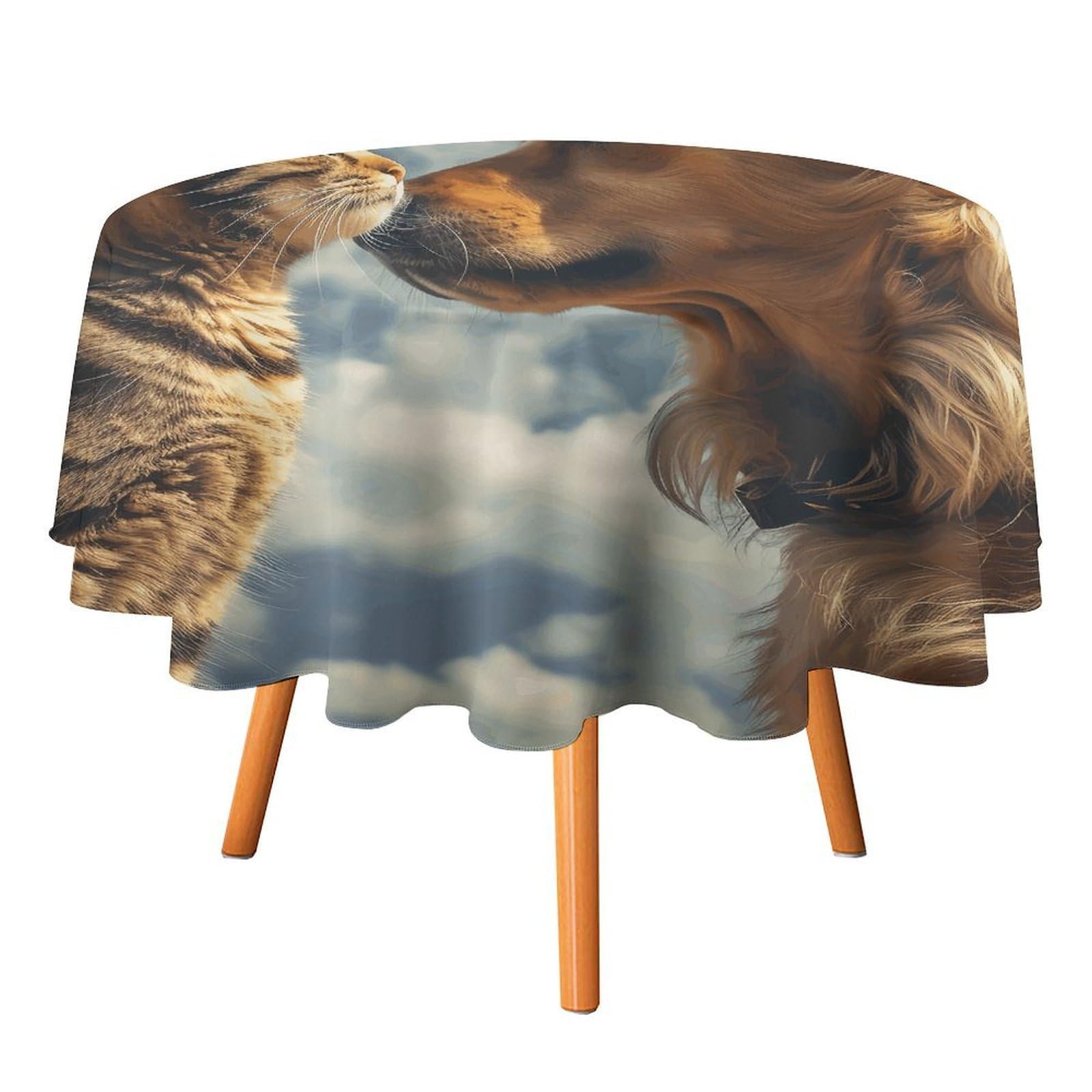 SMAZDFXX Dog and Cat Face to Face Tablecloth for Restaurant, Round Polyester Table Cover 50x50in for Party