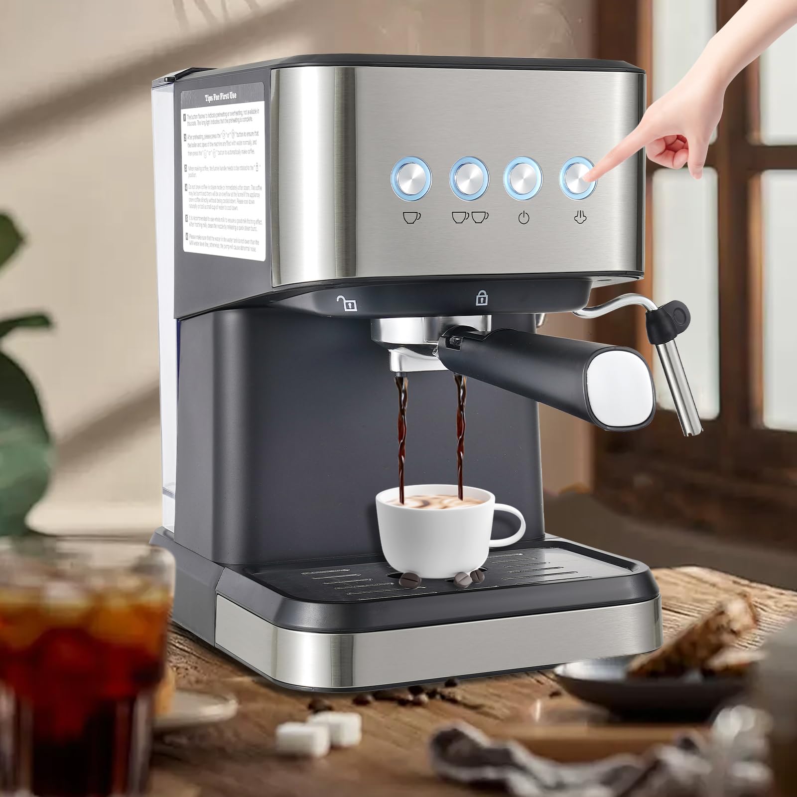 Halbautomatische Kaffemaschine, 1050W Espressomaschine mit 1.5L Wasserbehälter, 15-20Bar, Aerstellbaren Professioneller Milchschaumdüse Tassenwärmer, für Espressobohnen