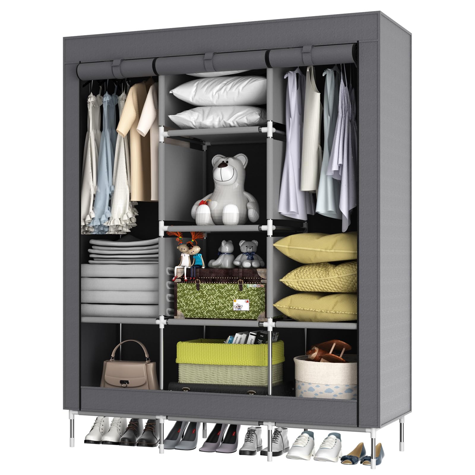 STARNEST Portable Wardrobe Fabric Canvas Wardrobe Bedroom Furniture Cupboard With Hanging Rail Foldable Closet Portable Wardrobe Organiser For Bedroom Living Room, 175 X 130 X 45cm Gray