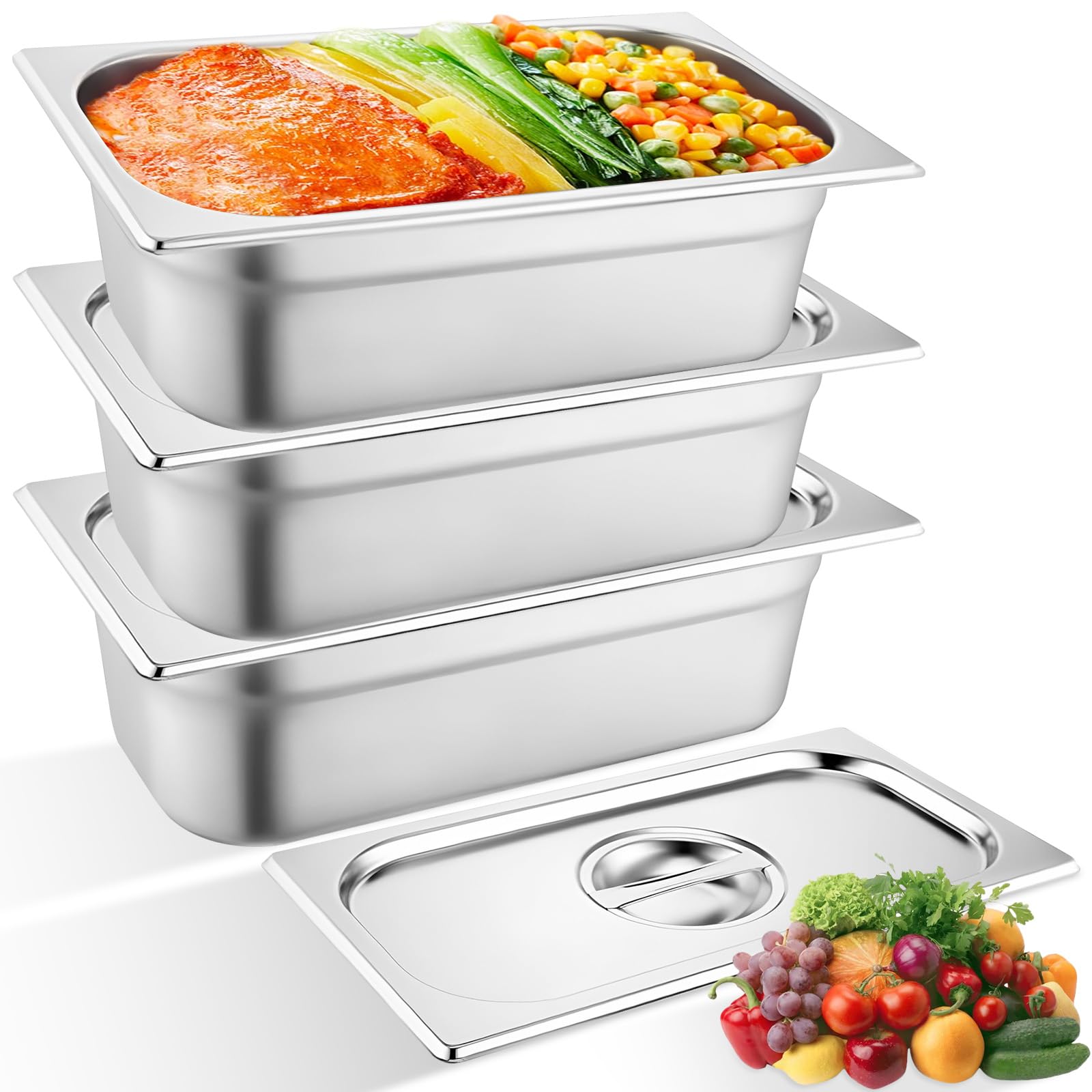 3 Pack Stainless Steel 1/3 Size Steam Table Pan with Lids, Food Storage Containers, 2.5 In Deep Anti-Jam Breading Tray, Party Catering Supplies, Hotel Squar Pans for Restaurant, Buffet, Kitchen