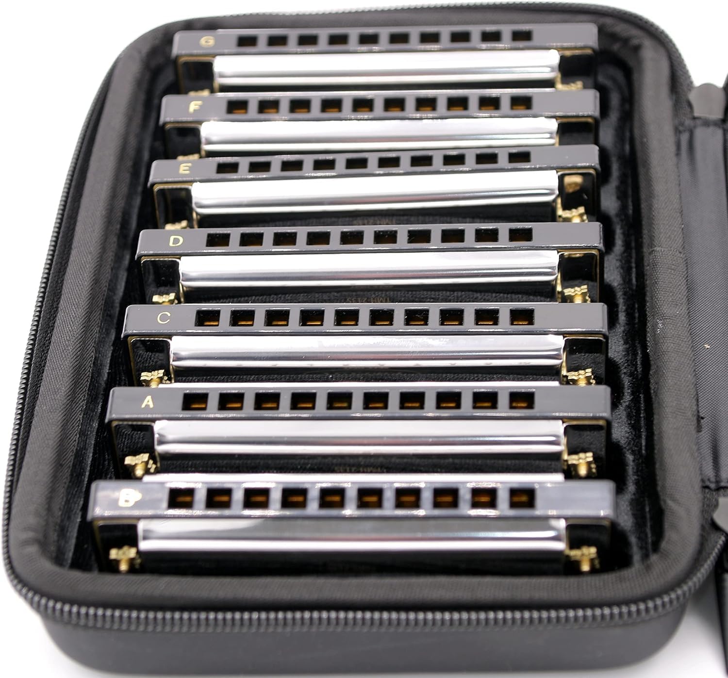 Mundharmonika-Set 7 Mundharmonikas im Koffer diatonisch verschiedene Tonarten C-D-E-F-G-A-Bb Dur/Major Blues Harps (TMH-213S-Noten)
