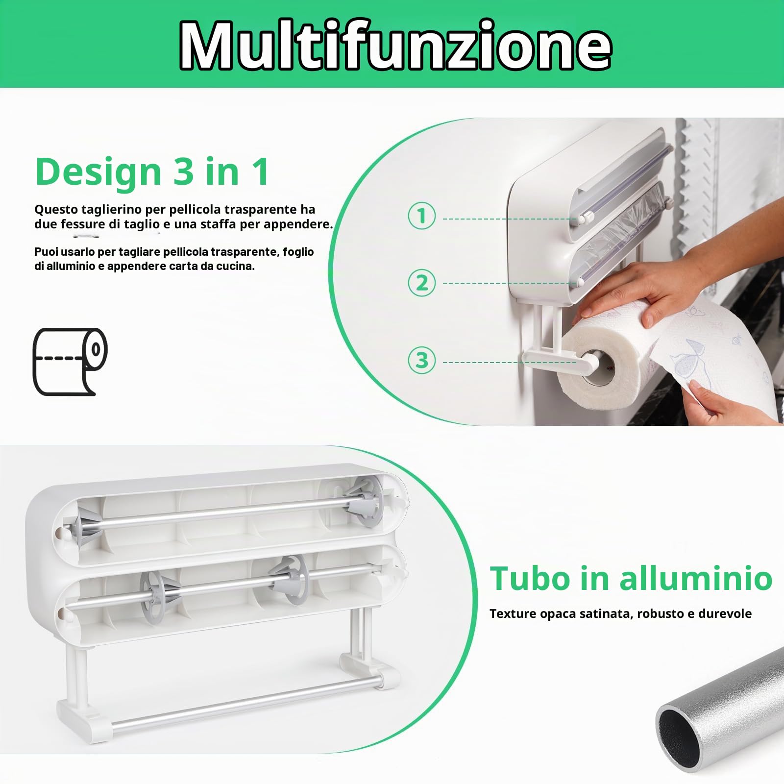 DBREAKS Supporto per rotoli di carta da cucina da Parete (3 rotoli), Porta Rotoli Alluminio e Pellicola, Taglierina per Pellicola Trasparente, Dispenser Carta Stagnola in Alluminio，con film Alimentare