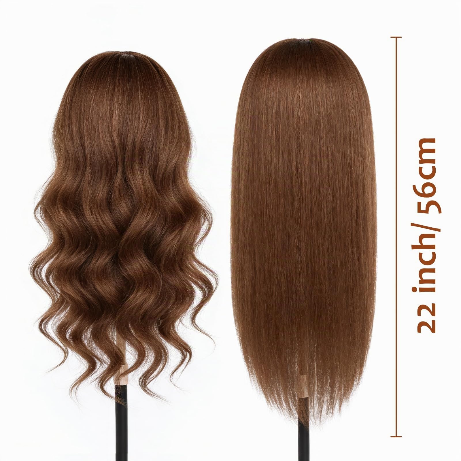 Cabeza de Maniquí de Peluquería con Pelo Natural 100%, TopDirect 22"/55cm Maniqui Pelo Natural de Cabello Humano Real Cosmetología para Peluquería con Soporte y Accesorios de Peinado (Marrón oscuro)