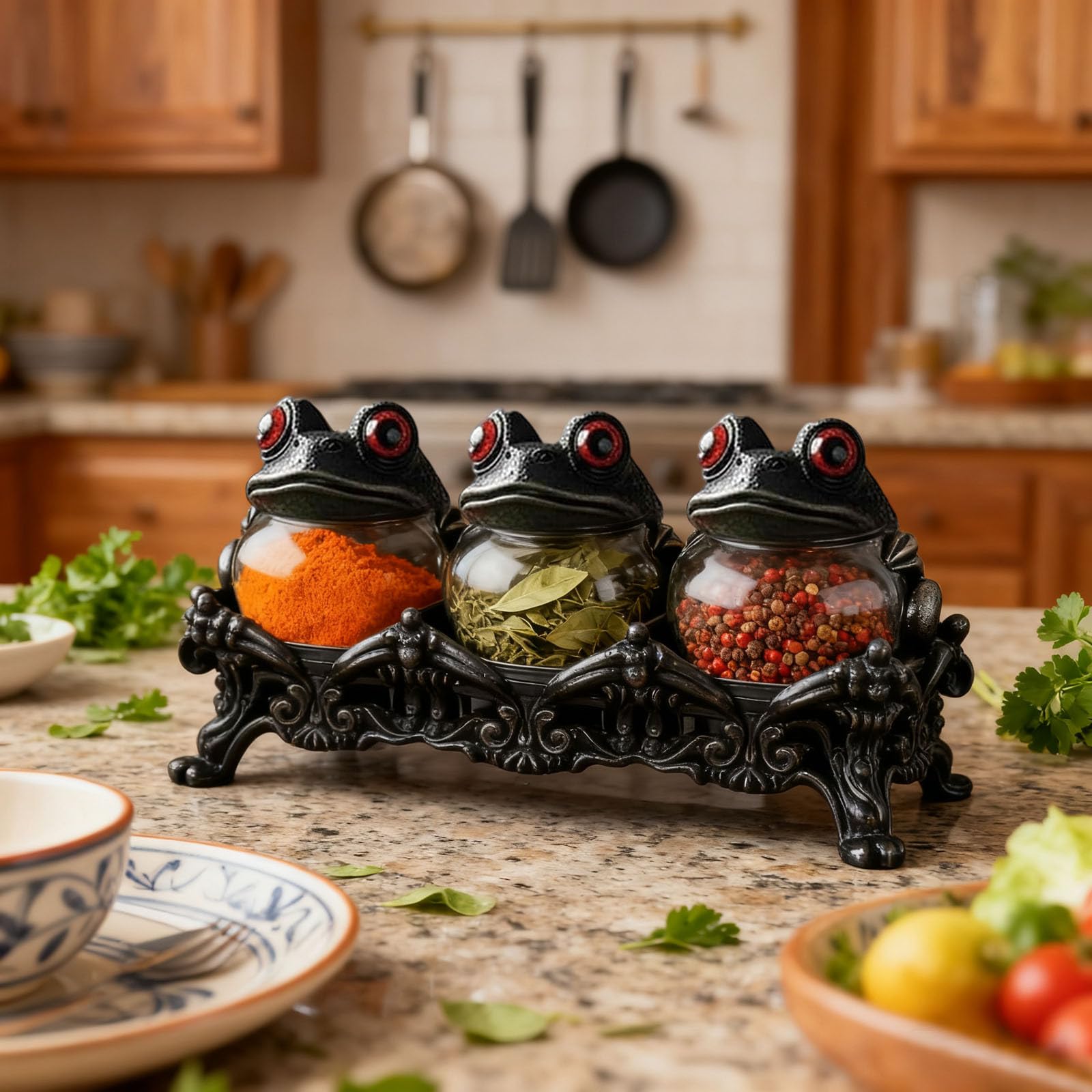 Witchy Frog Apothecary Spice Jars - Handcrafted Vintage Glass Containers with Frog Lids, Gothic Food Storage for Salt/Pepper/Seasoning/Kitchen Countertop (Black)