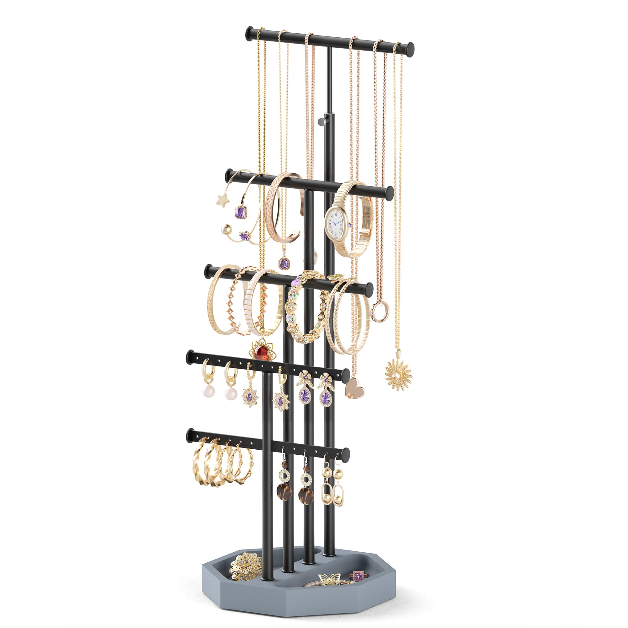 SRIWATANA Jewelry Organizer Stand, 5 Tier Necklace Holder, Christmas Gifts, Bracelet Earring Holder Jewelry Display Stand Large Storage with Wood Base, Weathered Grey