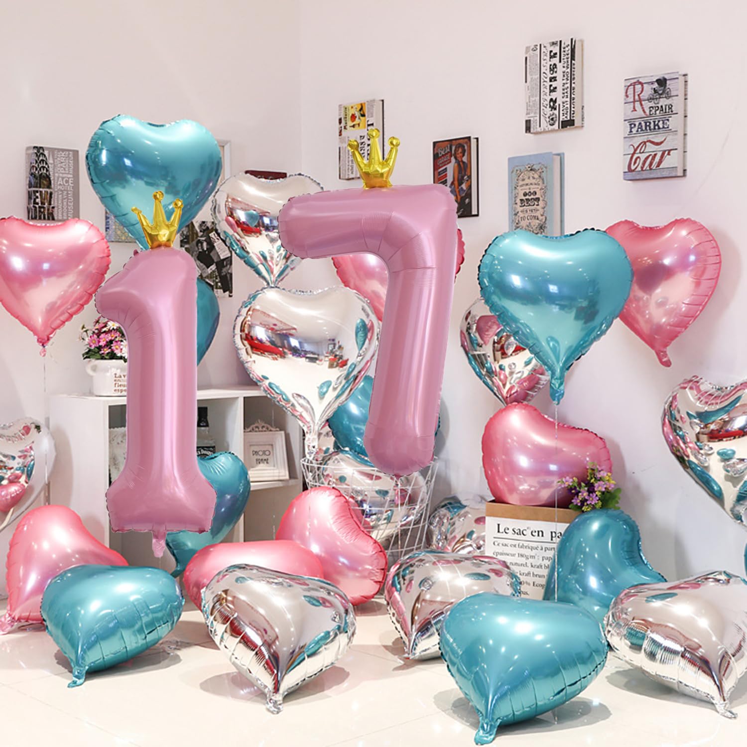 40 Inch Number 27 Pink Crown Balloons - 27th Birthday Party Decorations Set