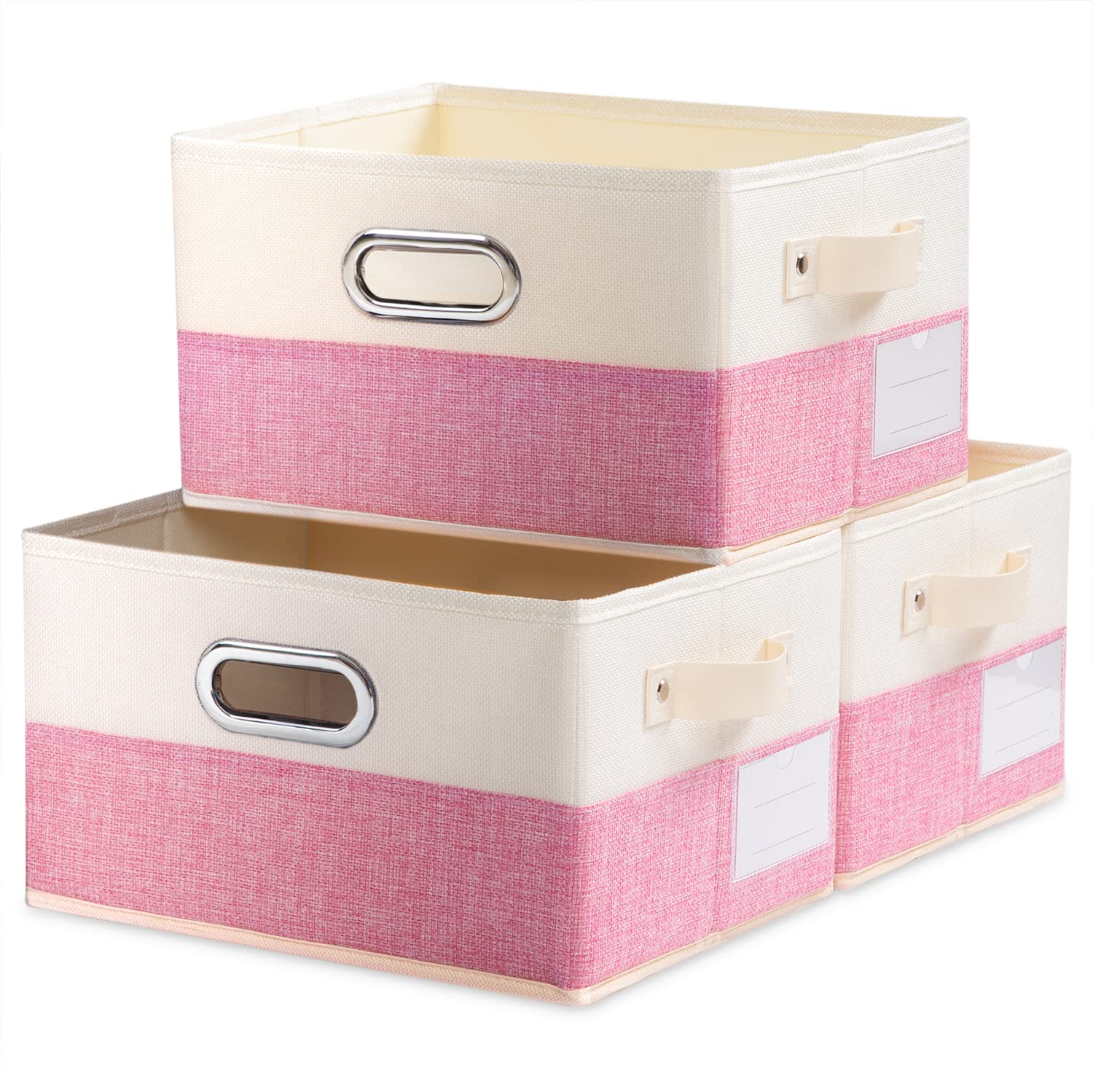 PRANDOM Fodable Storage Bins for Closet [3-pack] Decorative Fabric Storage Baskets Cubes with Leather/Metal Handles for Shelves Bedroom Living Room