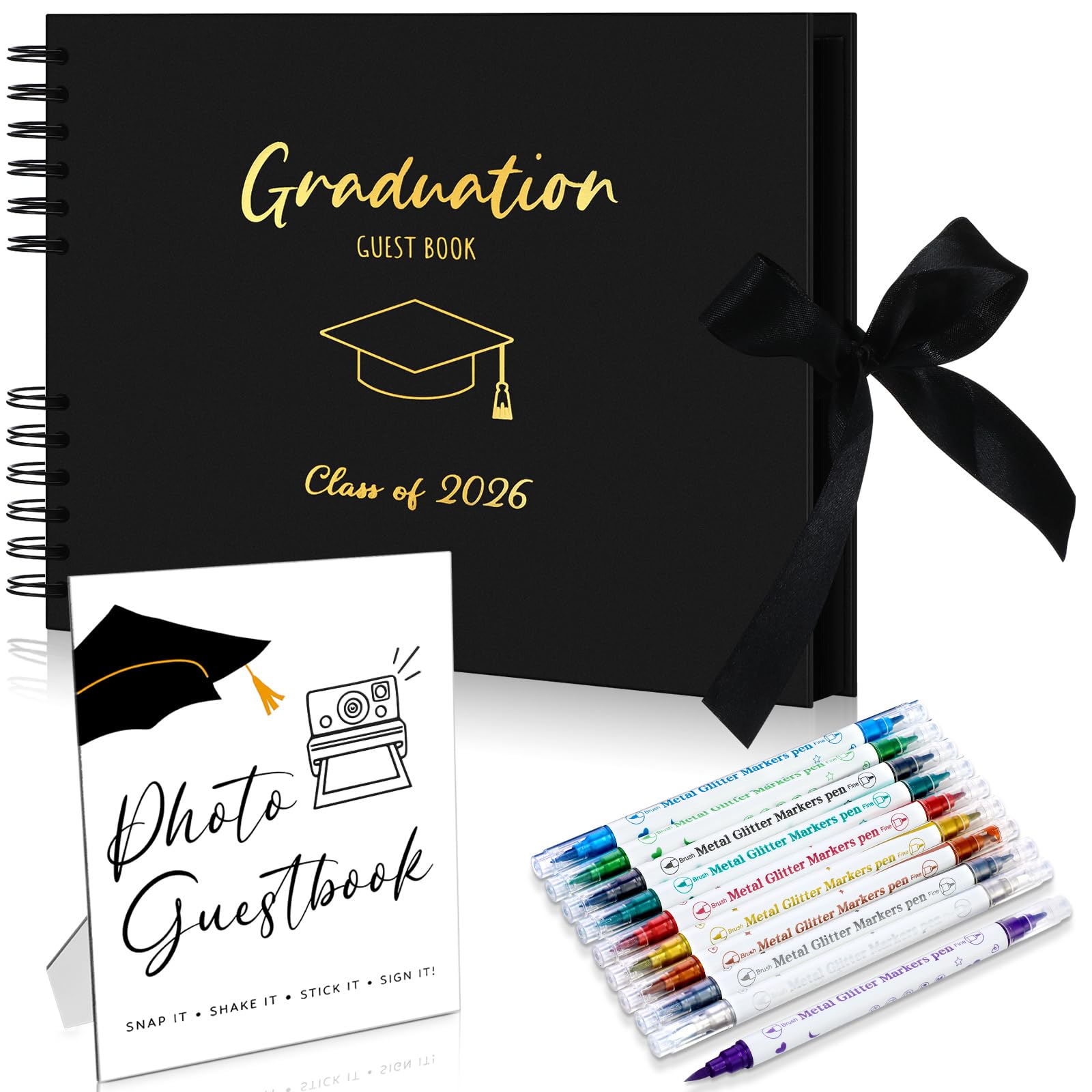 Photo 1 of 12 Pcs 2026 Graduation Guest Book with Photo Sign Decor 80 Pages Class of 2026 Scrapbook Photo Album with 10 DIY Dual Tip Metallic Markers Pens Gift, Exclude Camere(Graduation Cap,Black,10.4 Inches)